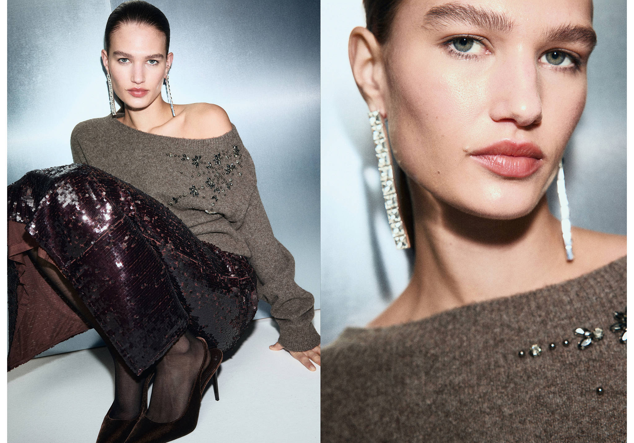 Brown off-the-shoulder jersey with bead and rhinestone embroidery, shown in two views with close-up.