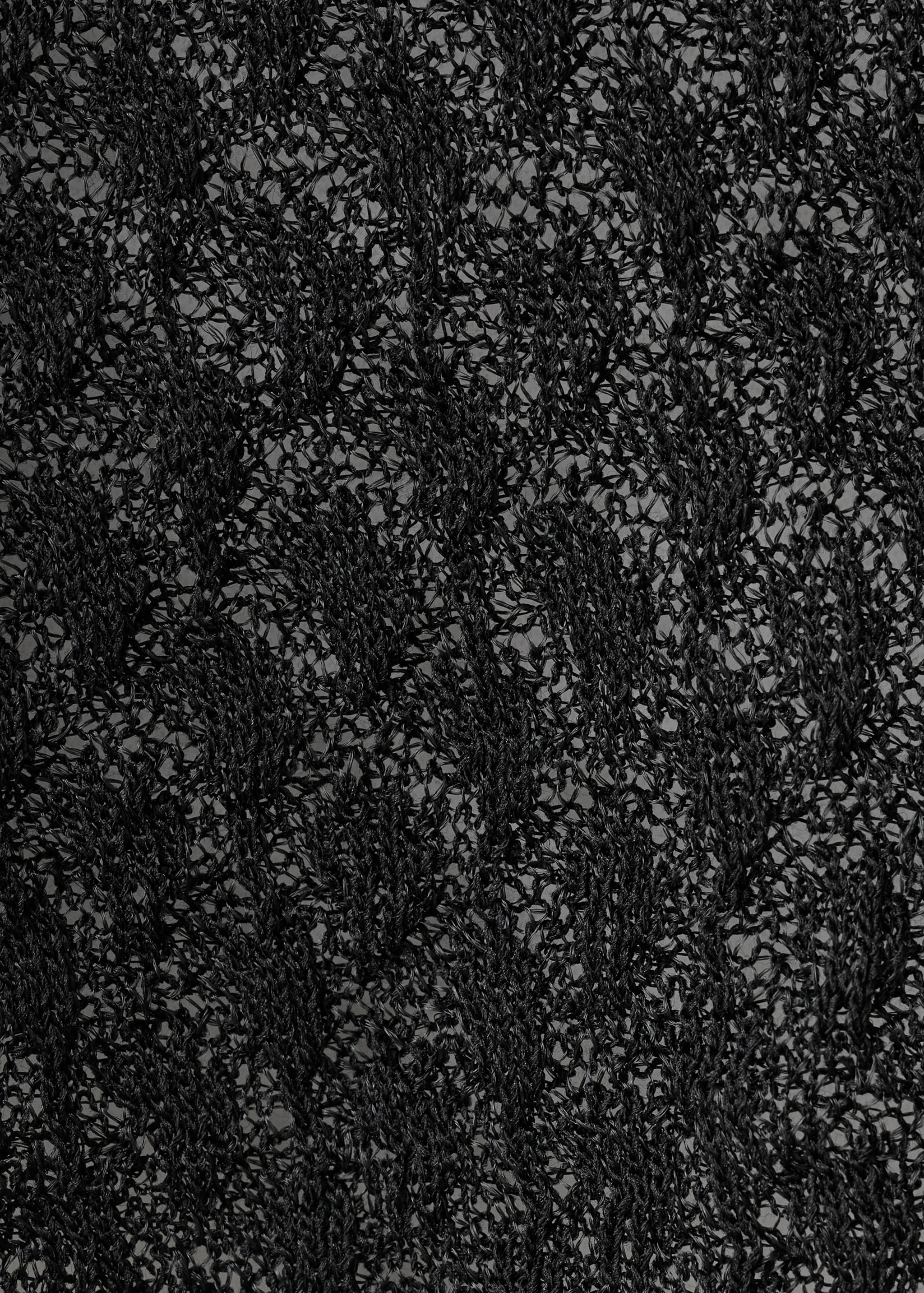 Close-up of a black open-work knitted sweater texture.