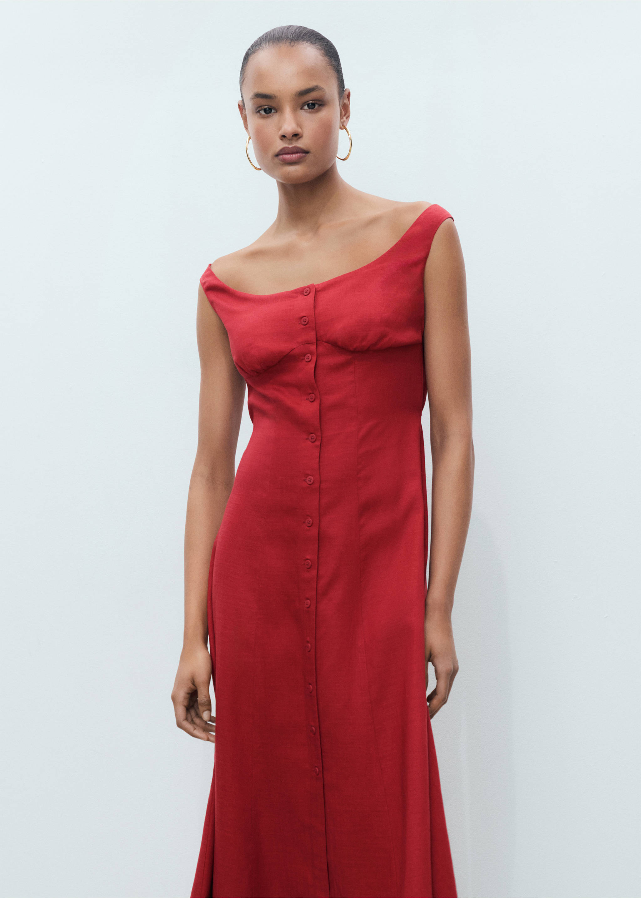 Linen-blend dress with buttons - Medium plane, Dark Orange. Ref: 17011167-00.