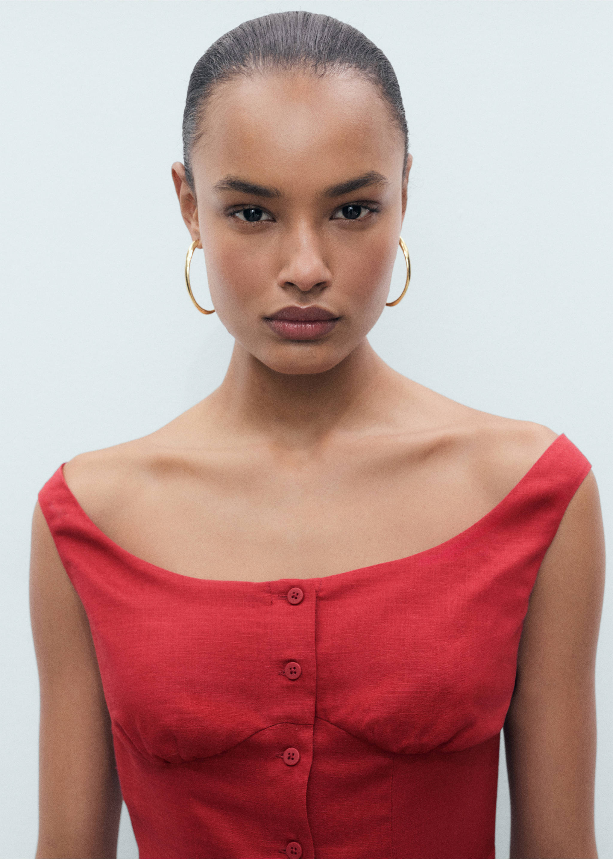 Linen-blend dress with buttons - Details of the article 1, Dark Orange. Ref: 17011167-00.