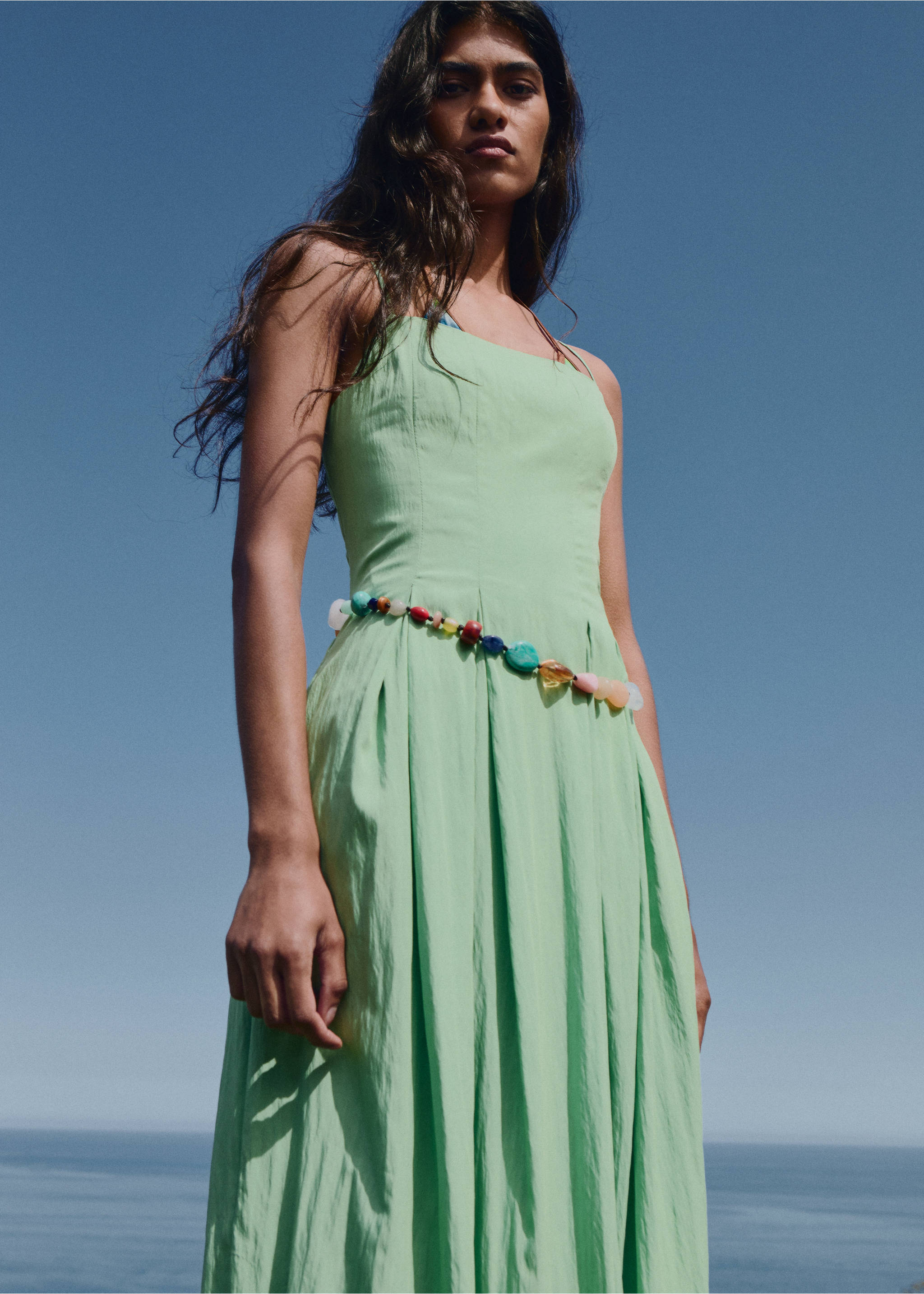 Midi-dress with pleats - Medium plane, Mint Green. Ref: 17011171-00.