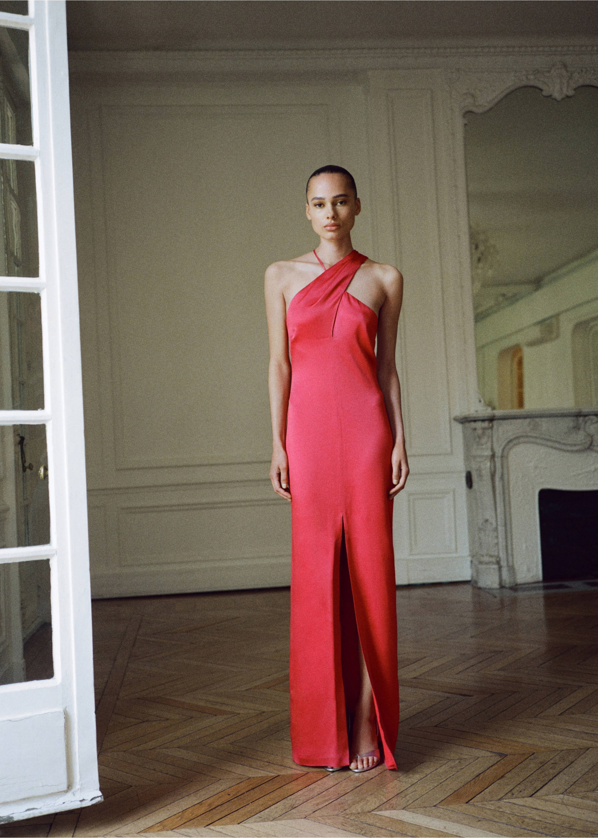 Cross-neckline slit dress - General plane, Red. Ref: 17011272-00.