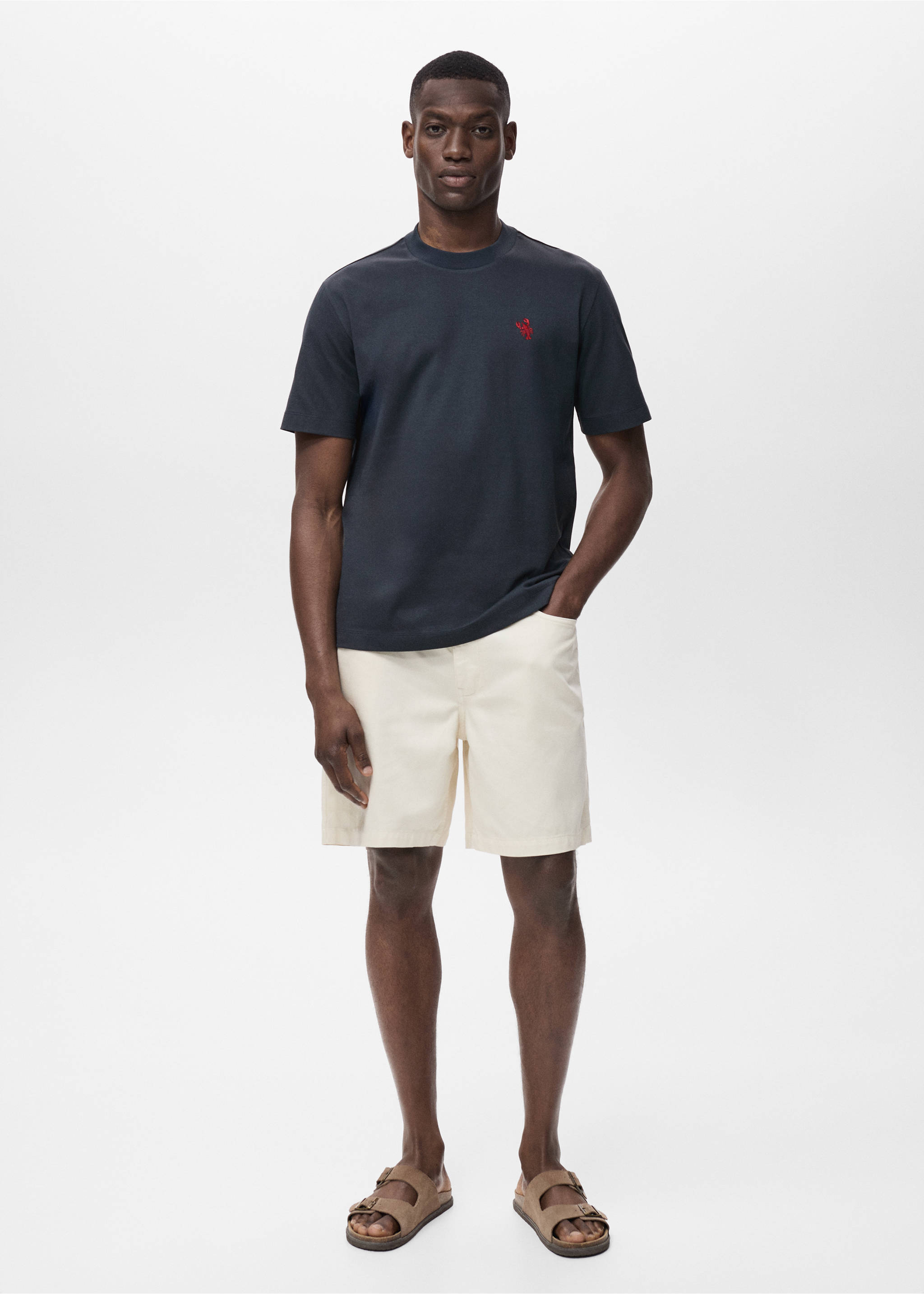 T-shirt 100 % coton détail brodé - Plan général, Bleu marine. Ref: 17011276-00.