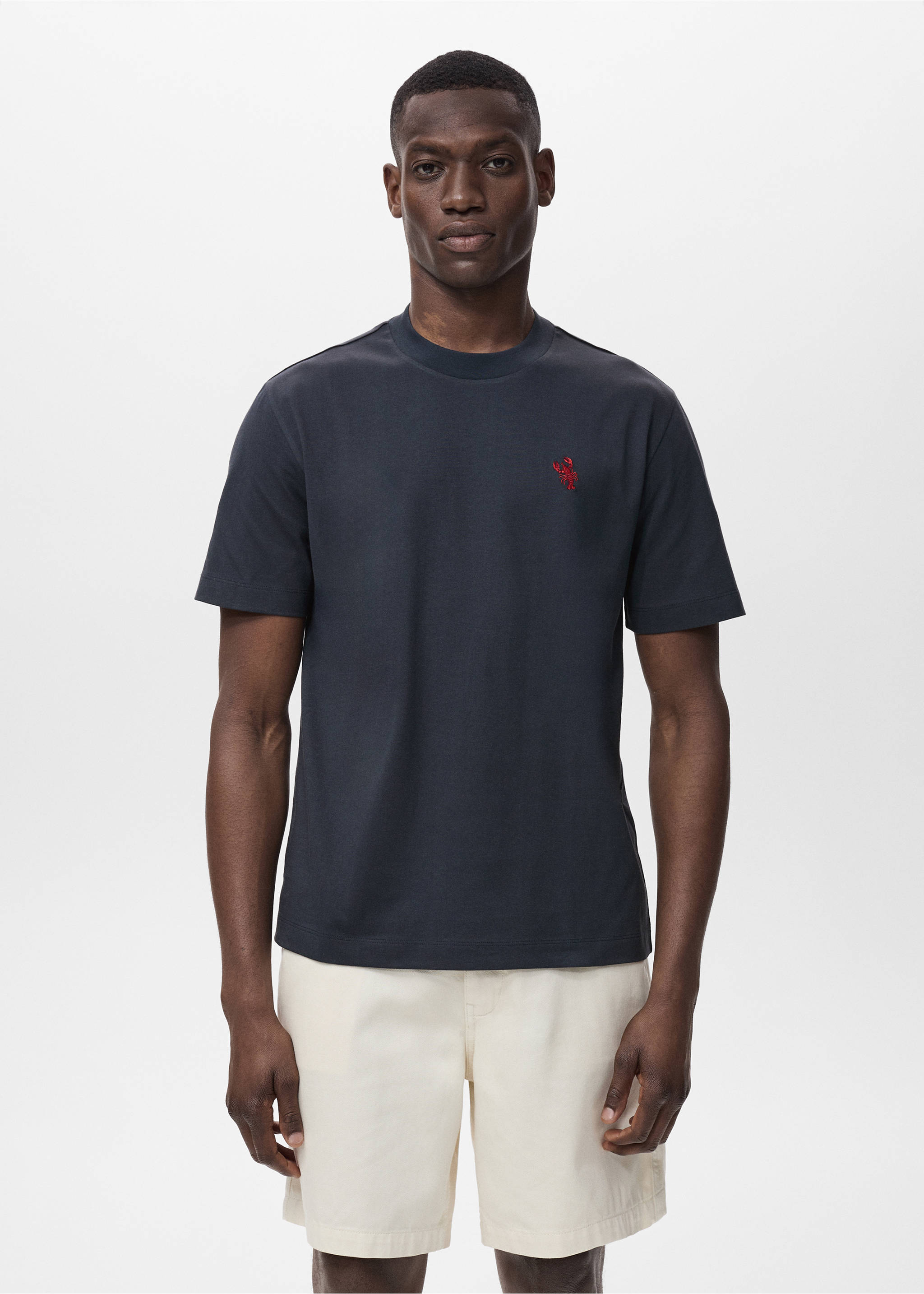 T-shirt 100 % coton détail brodé - Plan moyen, Bleu marine. Ref: 17011276-00.