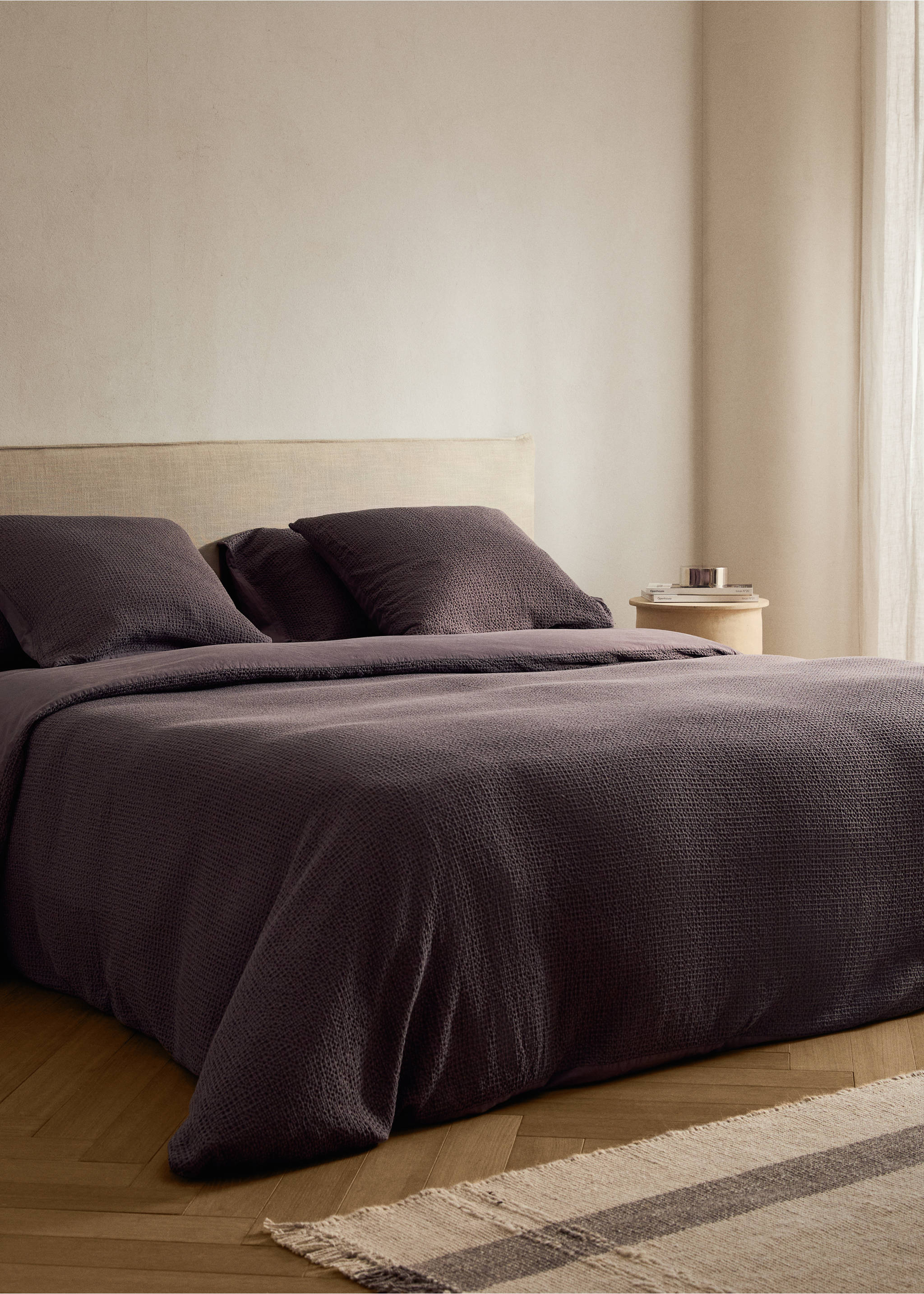 Percale cotton waffle duvet cover King bed - General plane, Blackberry. Ref: 17011554-00.