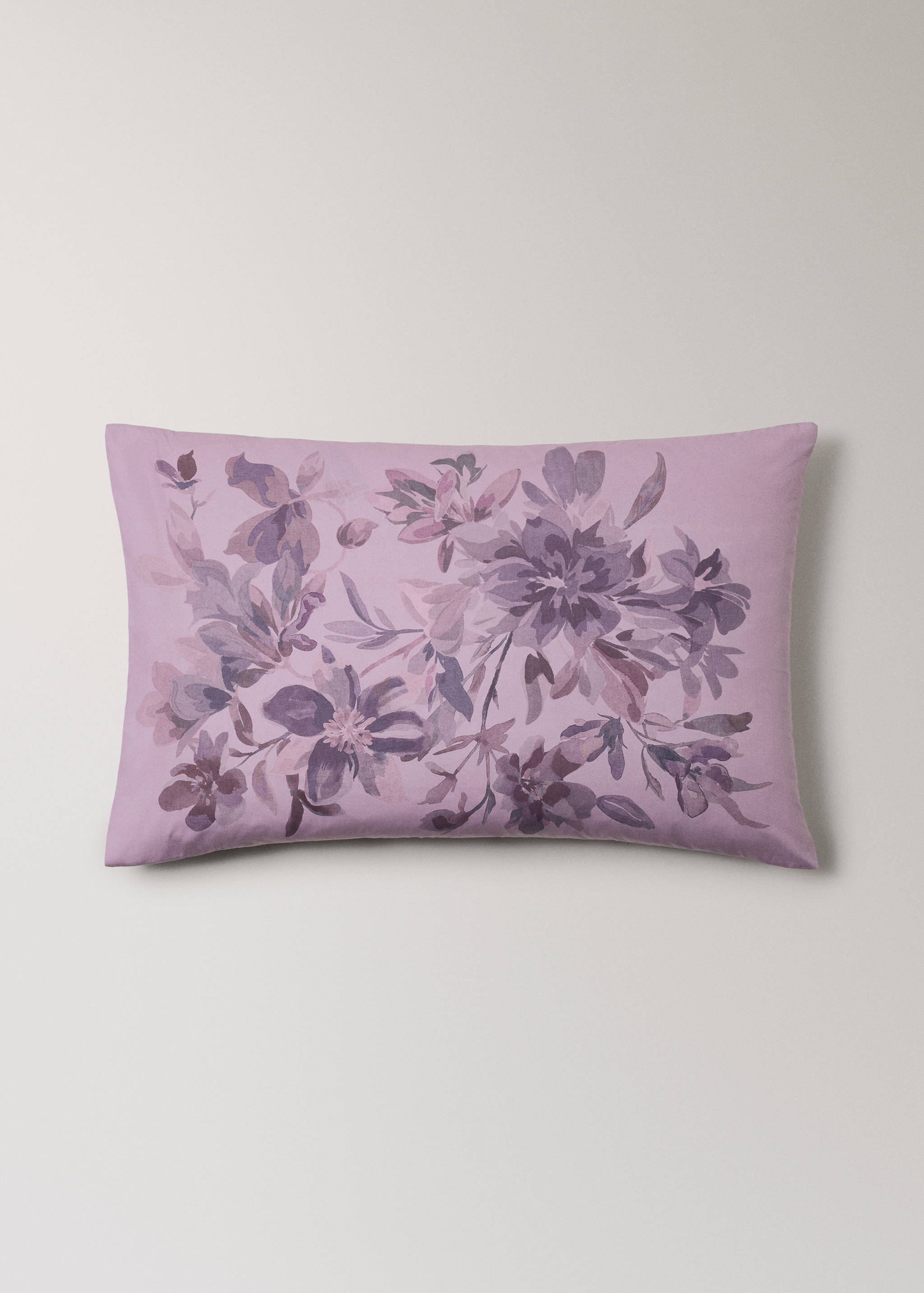 Rectangular pillowcase with a purple painted floral pattern.