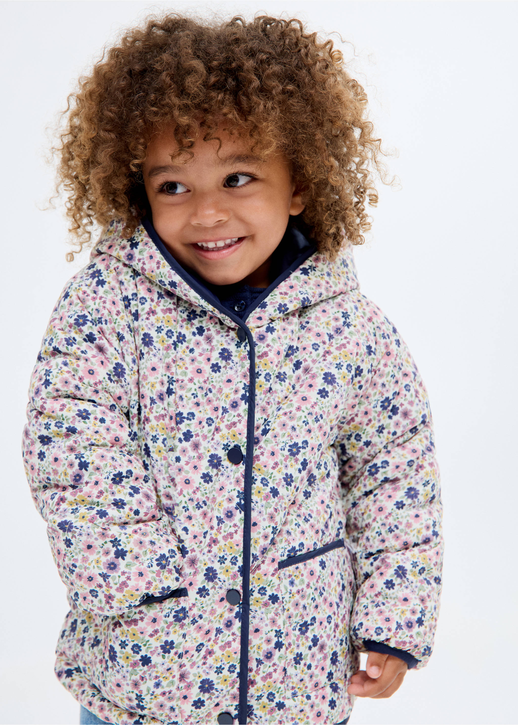 Flowers print quilted anorak - Details of the article 1, Navy. Ref: 17012899-00.