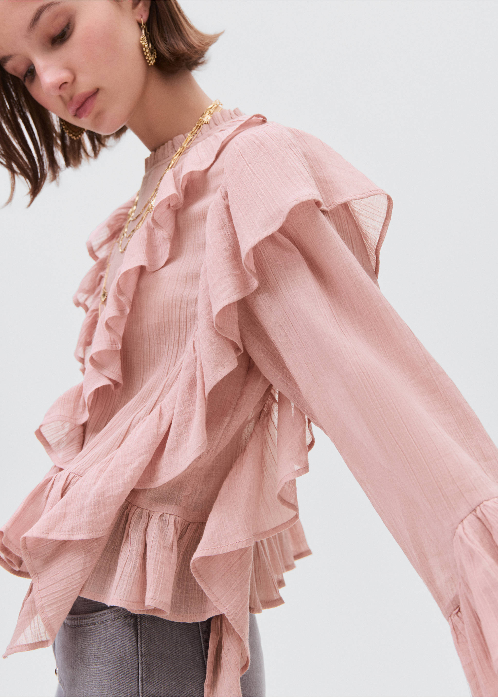 Ruffled blouse - Details of the article 1, Pink. Ref: 17014081-00.