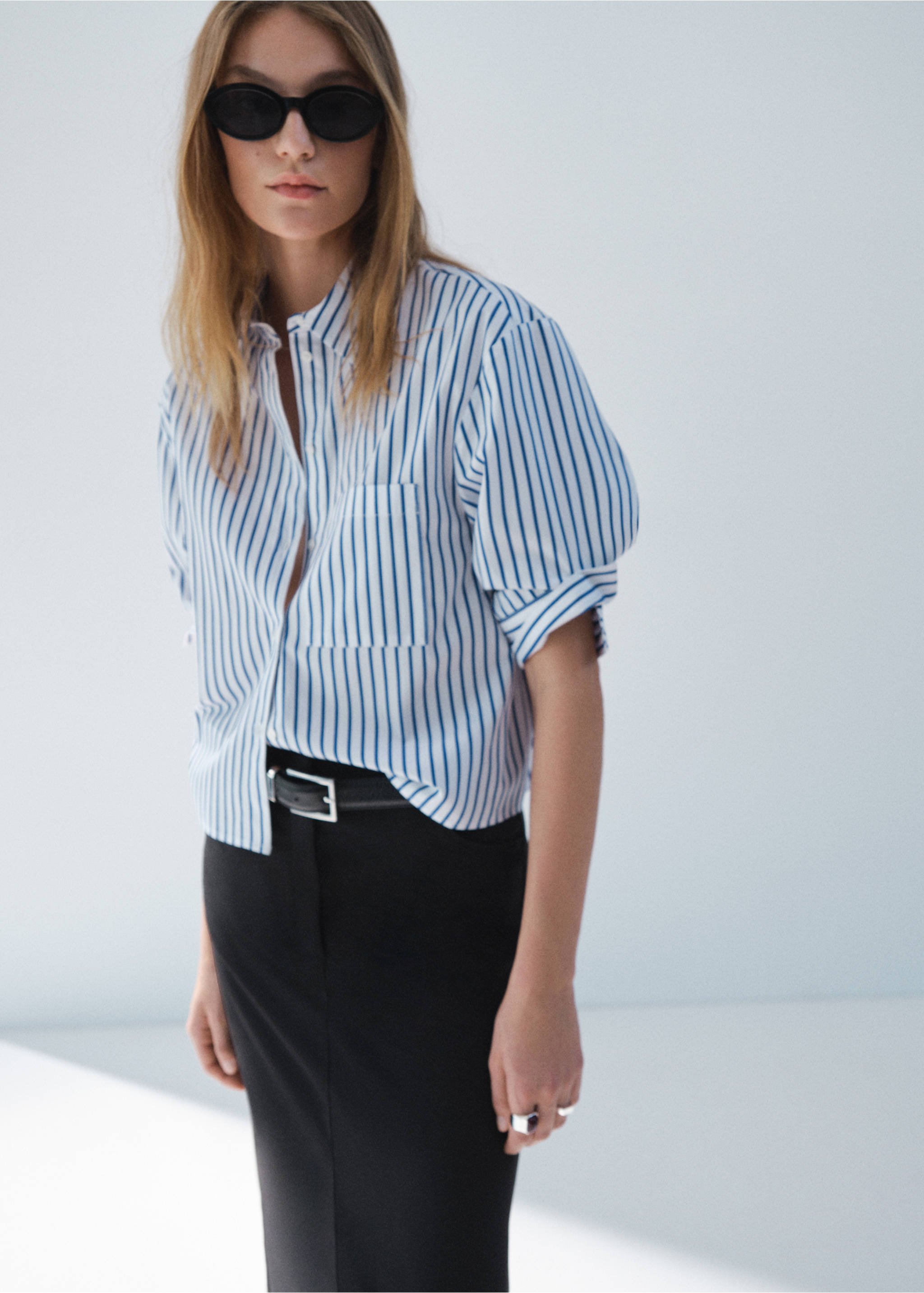 Striped cropped shirt - Details of the article 3, Sky Blue. Ref: 17014083-00.