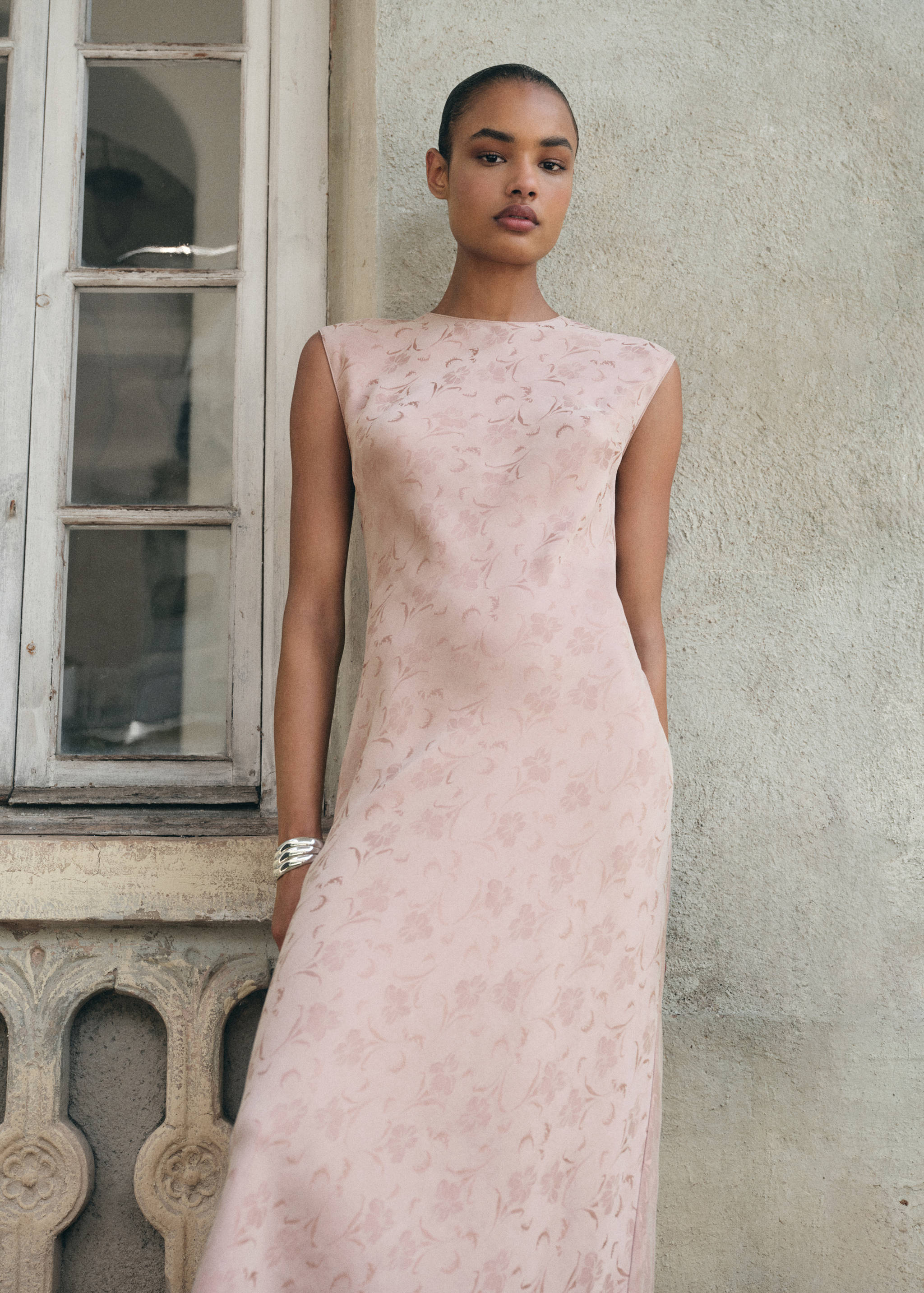 Satin floral jacquard dress - Women | MANGO OUTLET USA
