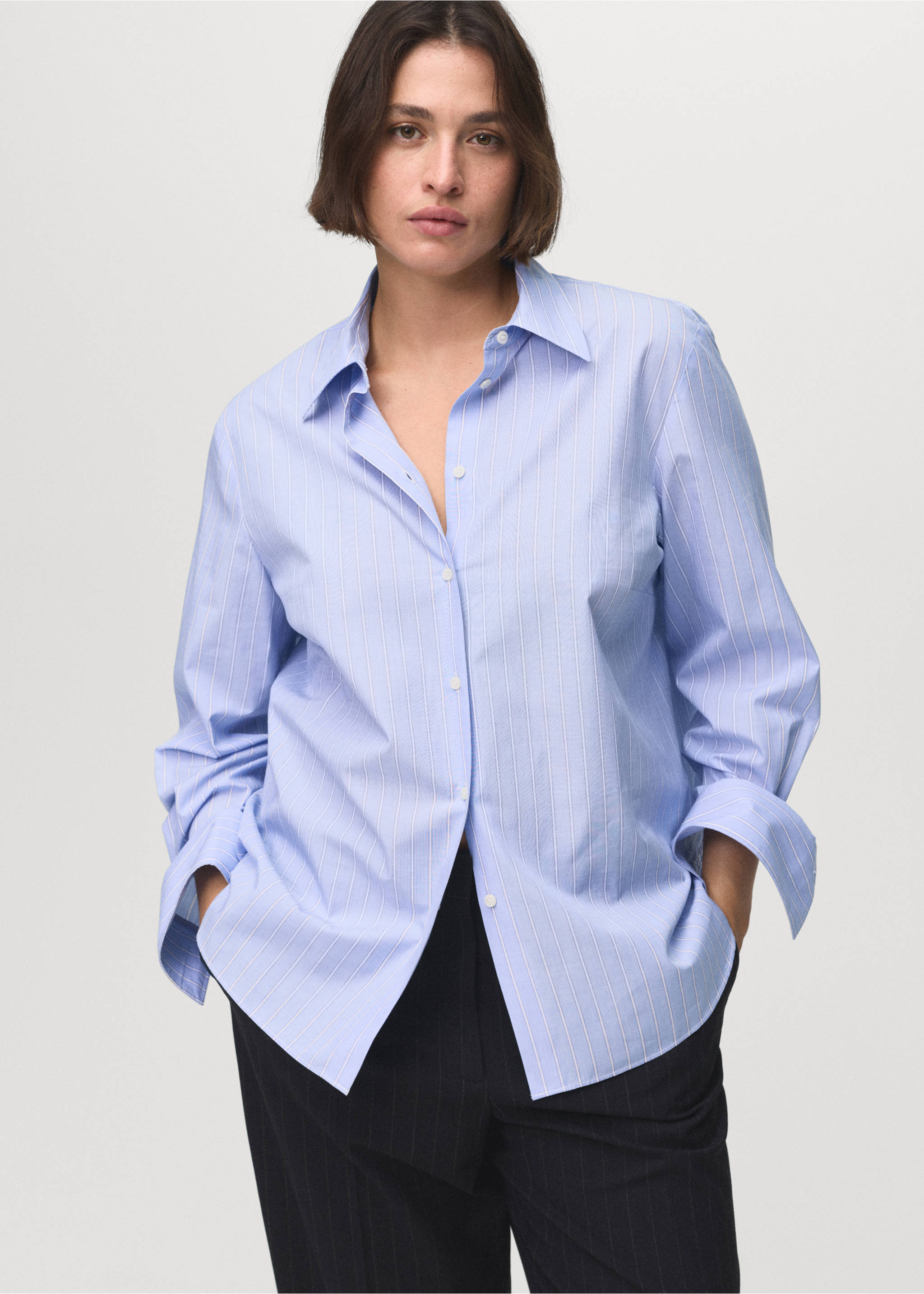 Cotton and lyocell blend straight shirt - Details of the article 5, Sky Blue. Ref: 17014088-00.