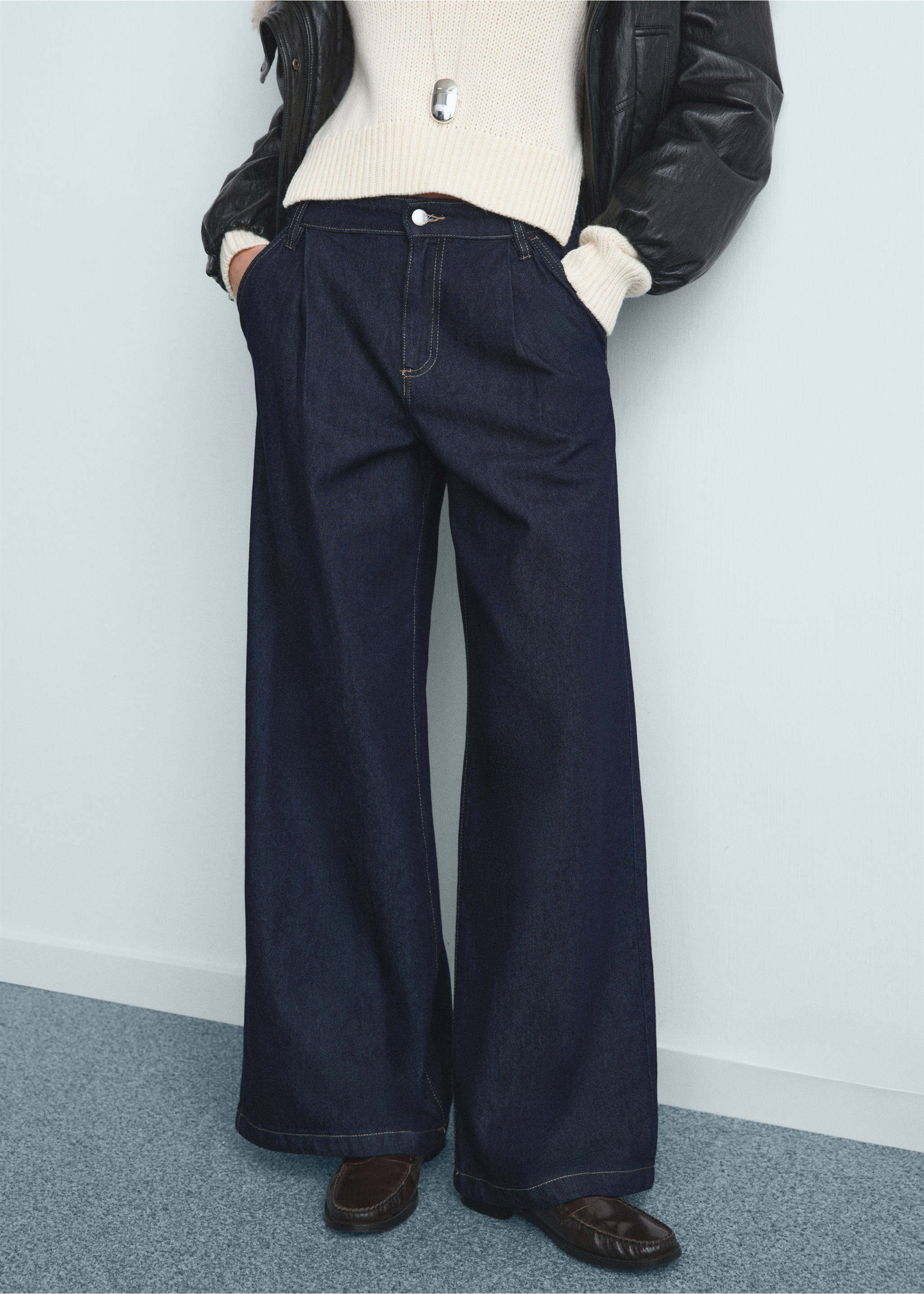 Wide leg pleated jeans - Medium plane, Dark Blue. Ref: 17014096-00.
