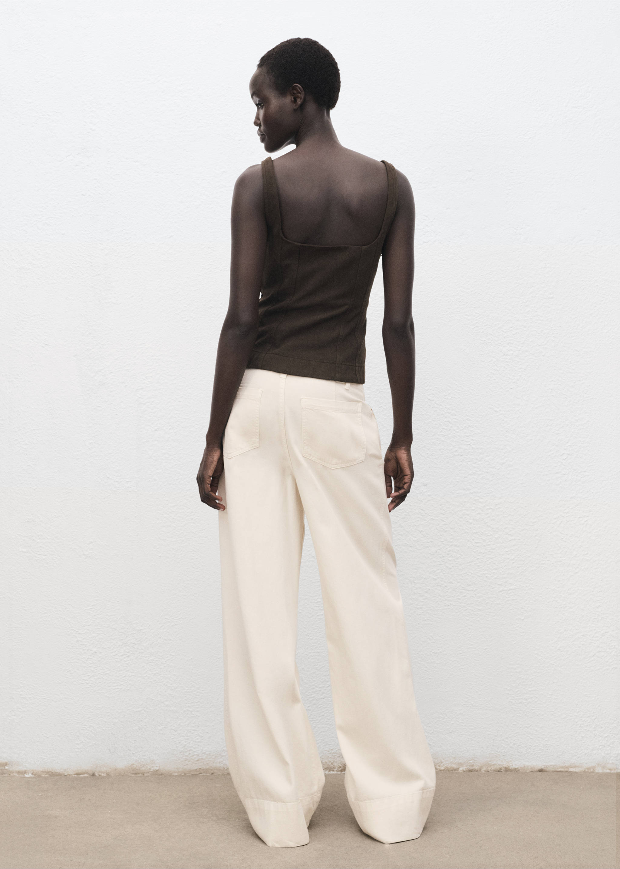 Wide leg denim pants with stitching - Reverse of the article, Ecru. Ref: 17014103-00.