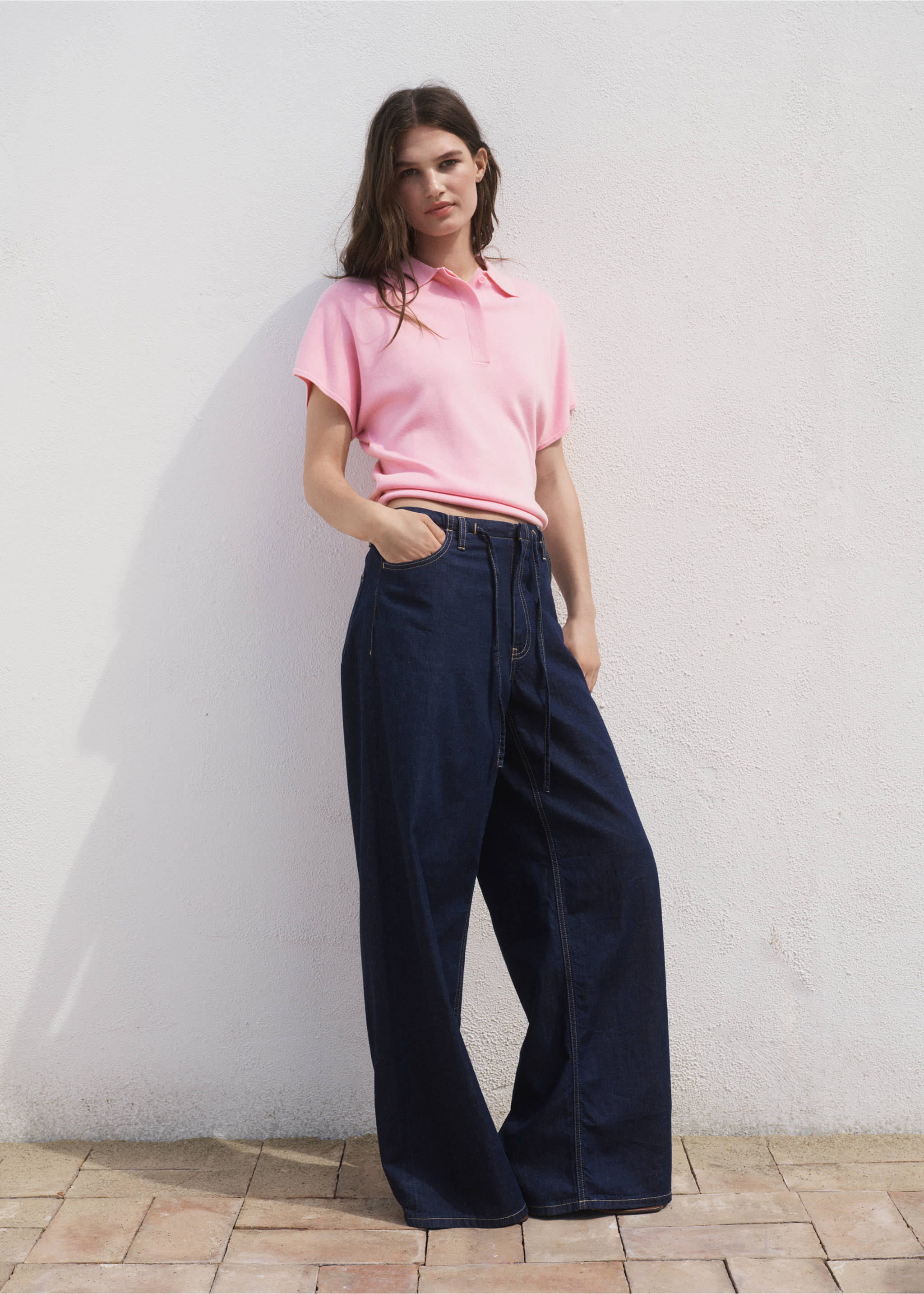 Kurzam-Pullover mit Poloshirt-Kragen - Allgemeine Ansicht, Rosa. Ref: 17014105-00.