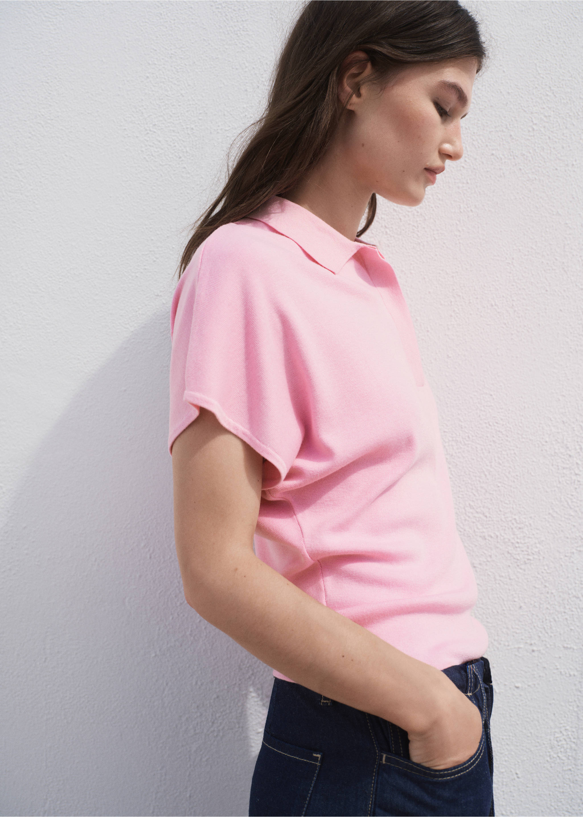 Kurzam-Pullover mit Poloshirt-Kragen - Mittlere Ansicht, Rosa. Ref: 17014105-00.