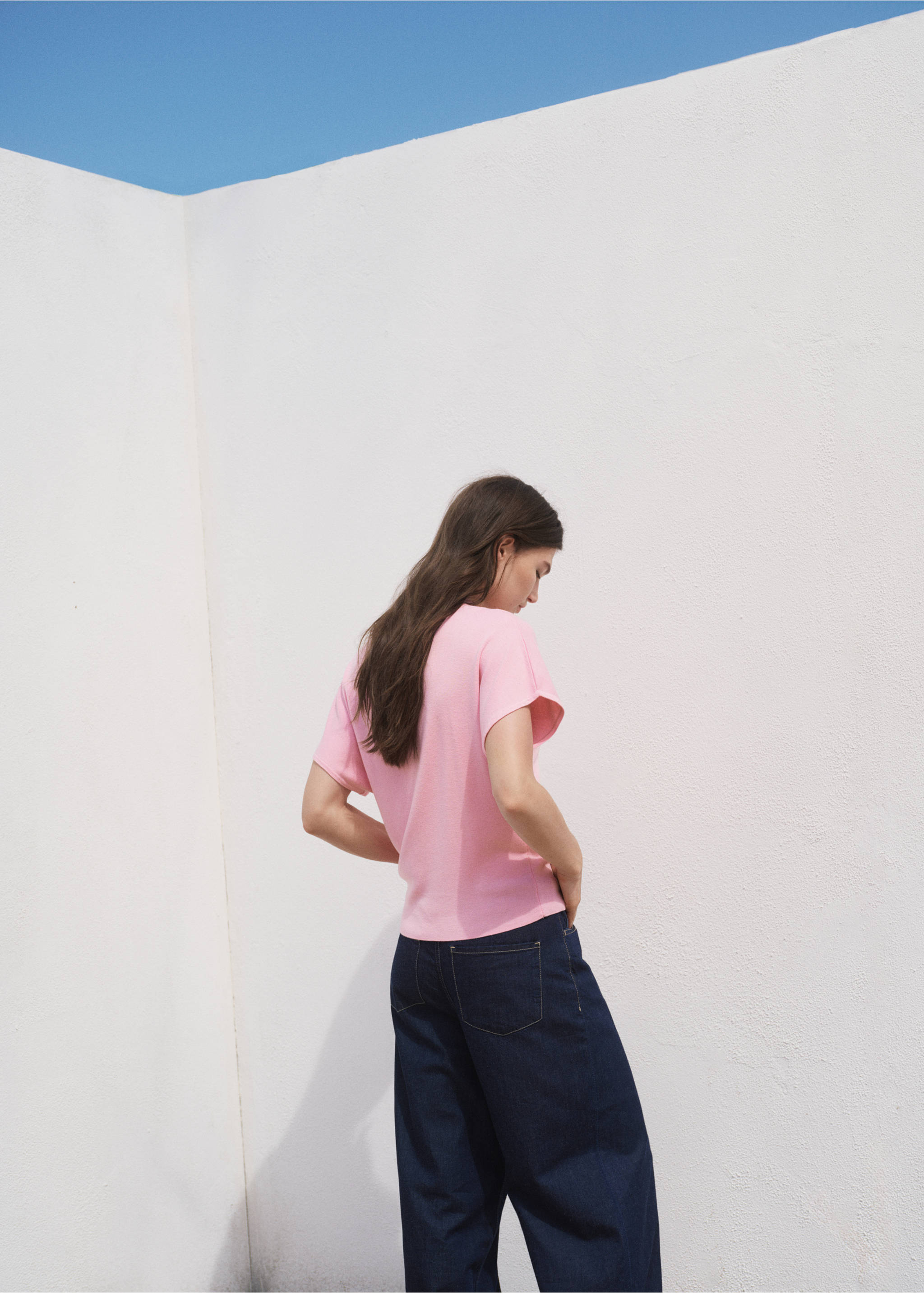 Kurzam-Pullover mit Poloshirt-Kragen - Rückseite des Artikels, Rosa. Ref: 17014105-00.
