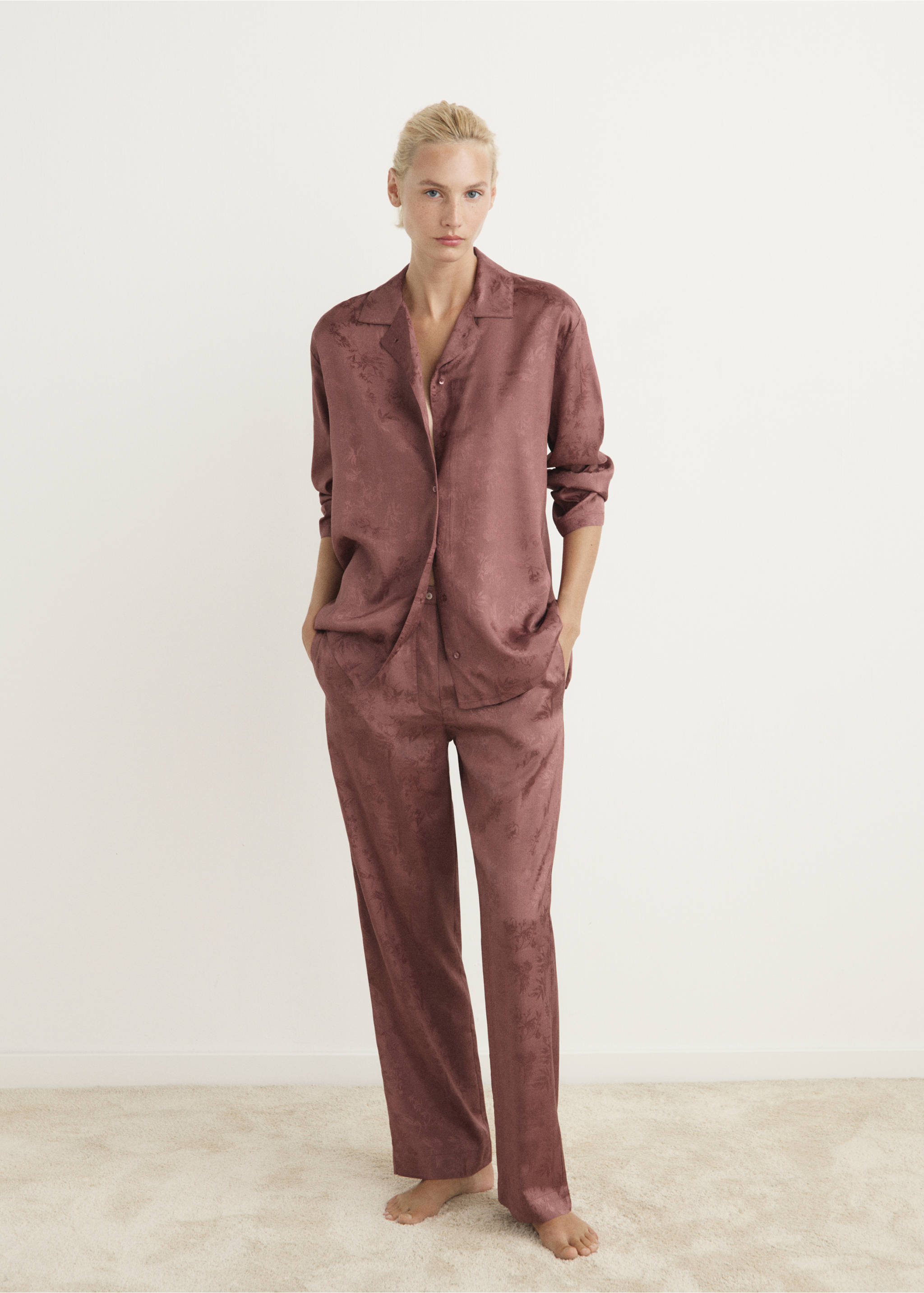 Pantalon de pyjama en satin jacquard - Plan général, Marron. Ref: 17014109-00.