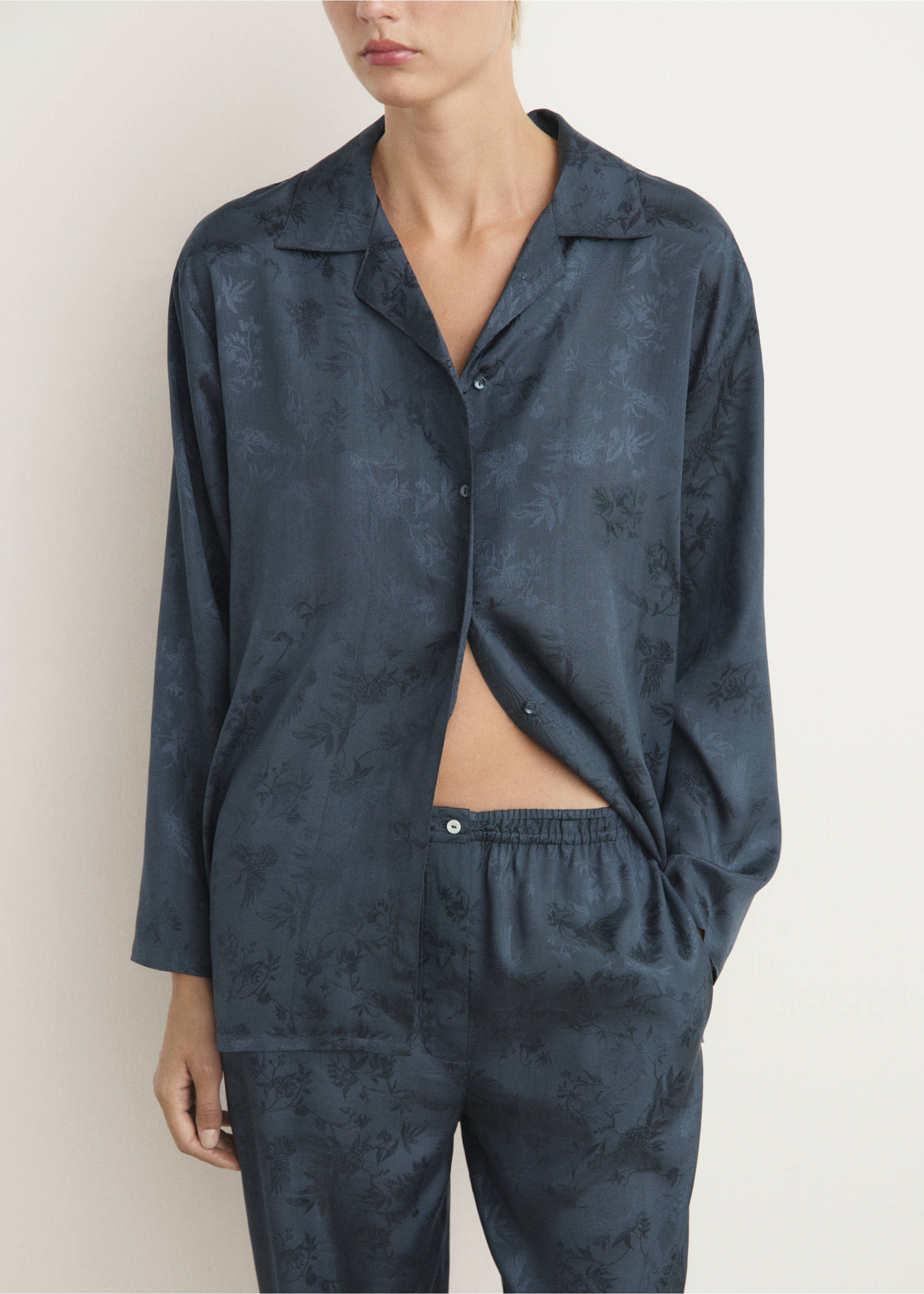Pantalon de pyjama en satin jacquard - Plan moyen, Bleu nuit. Ref: 17014109-00.
