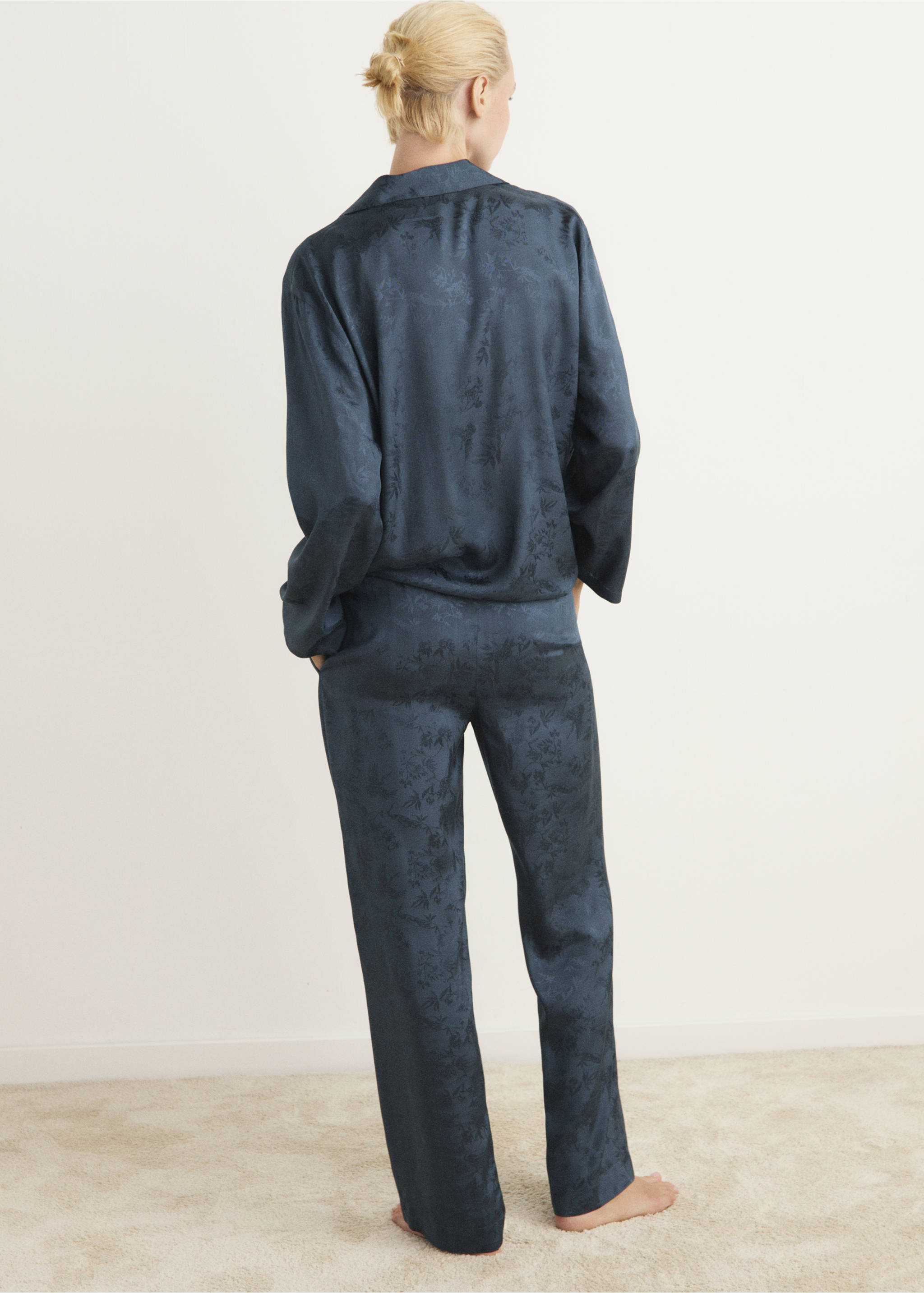Pantalon de pyjama en satin jacquard - Verso de l’article, Bleu nuit. Ref: 17014109-00.