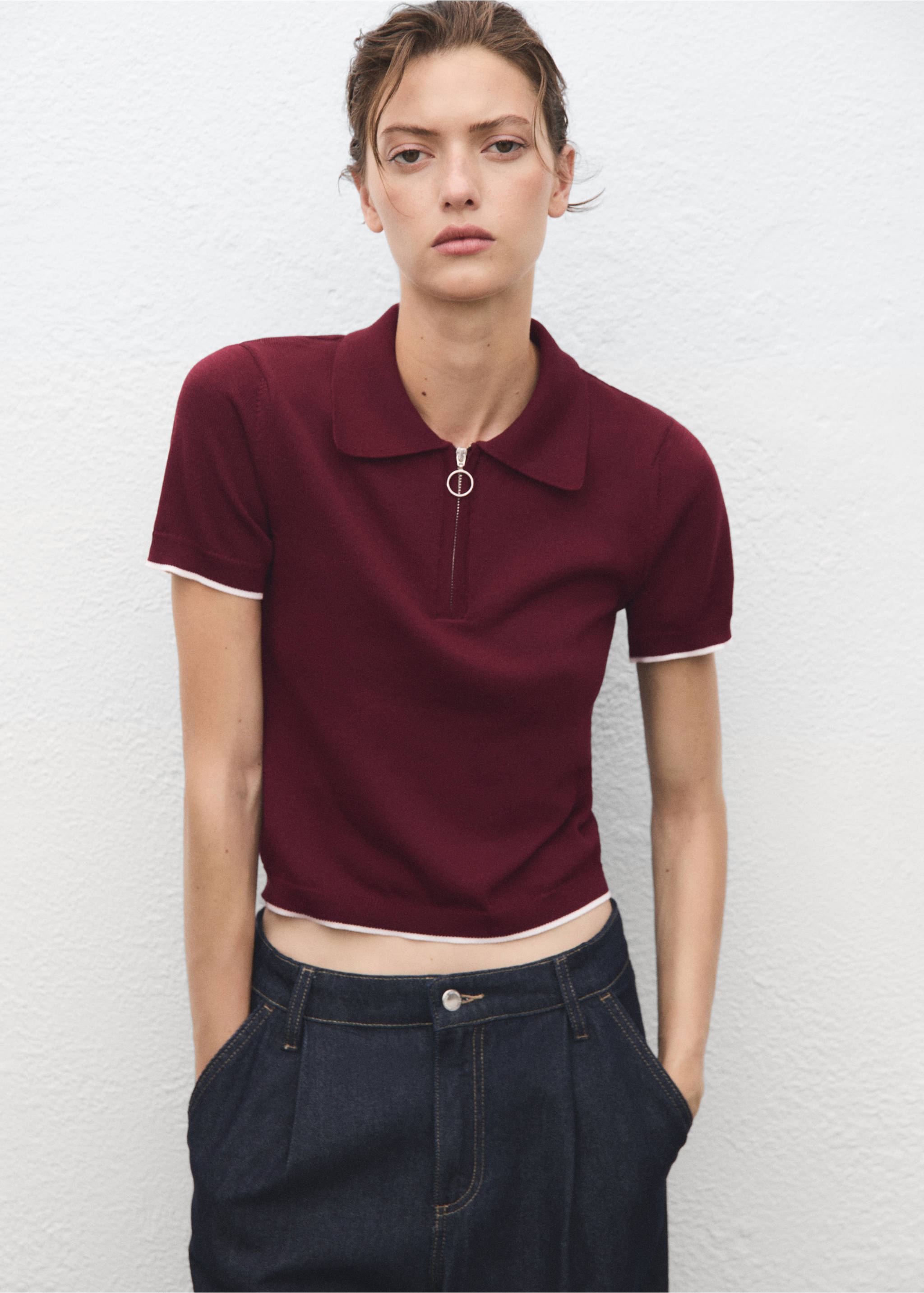 Polo-neck sweater with zip - Medium plane, Wine. Ref: 17014144-00.