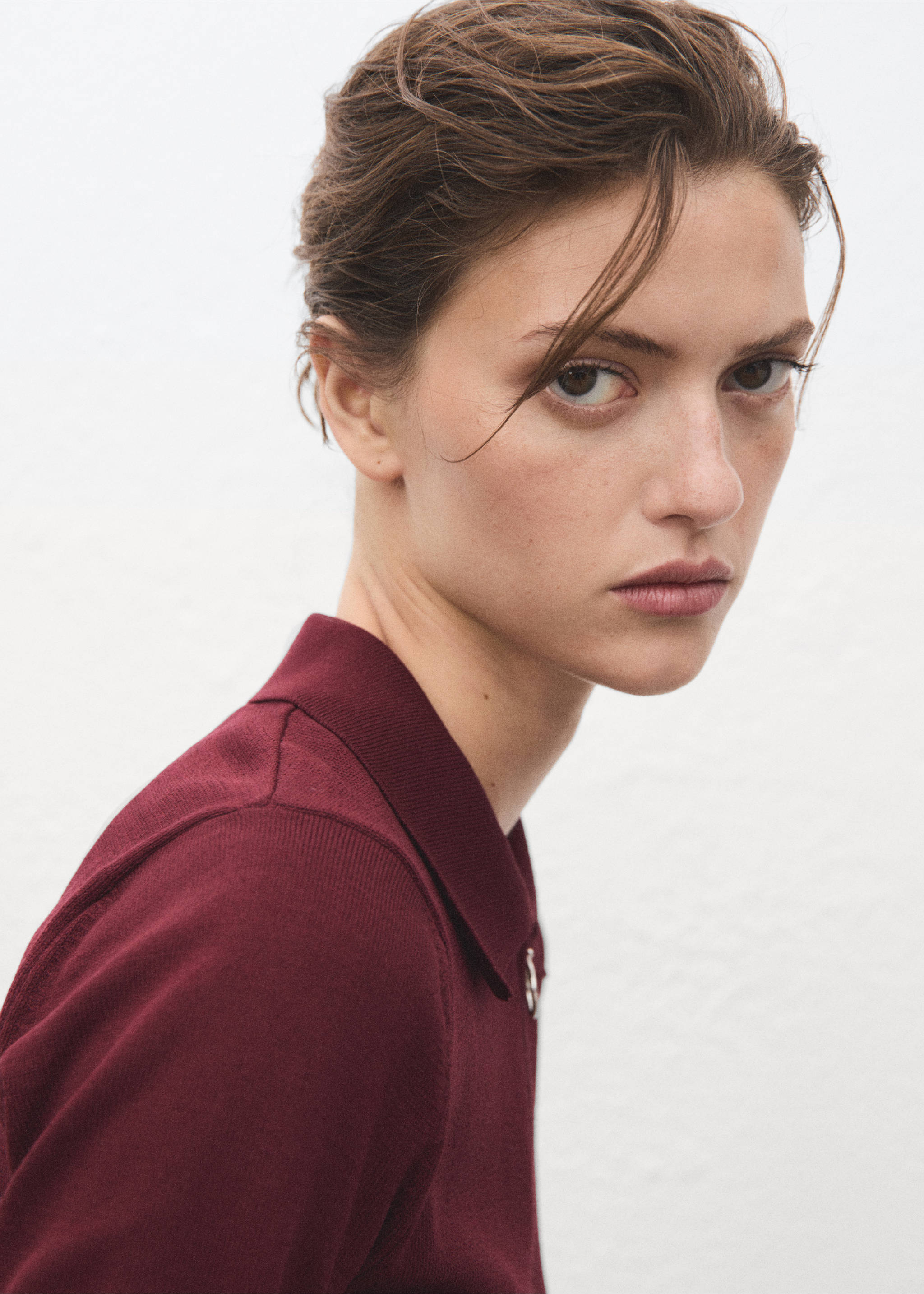 Polo-neck sweater with zip - Details of the article 1, Wine. Ref: 17014144-00.