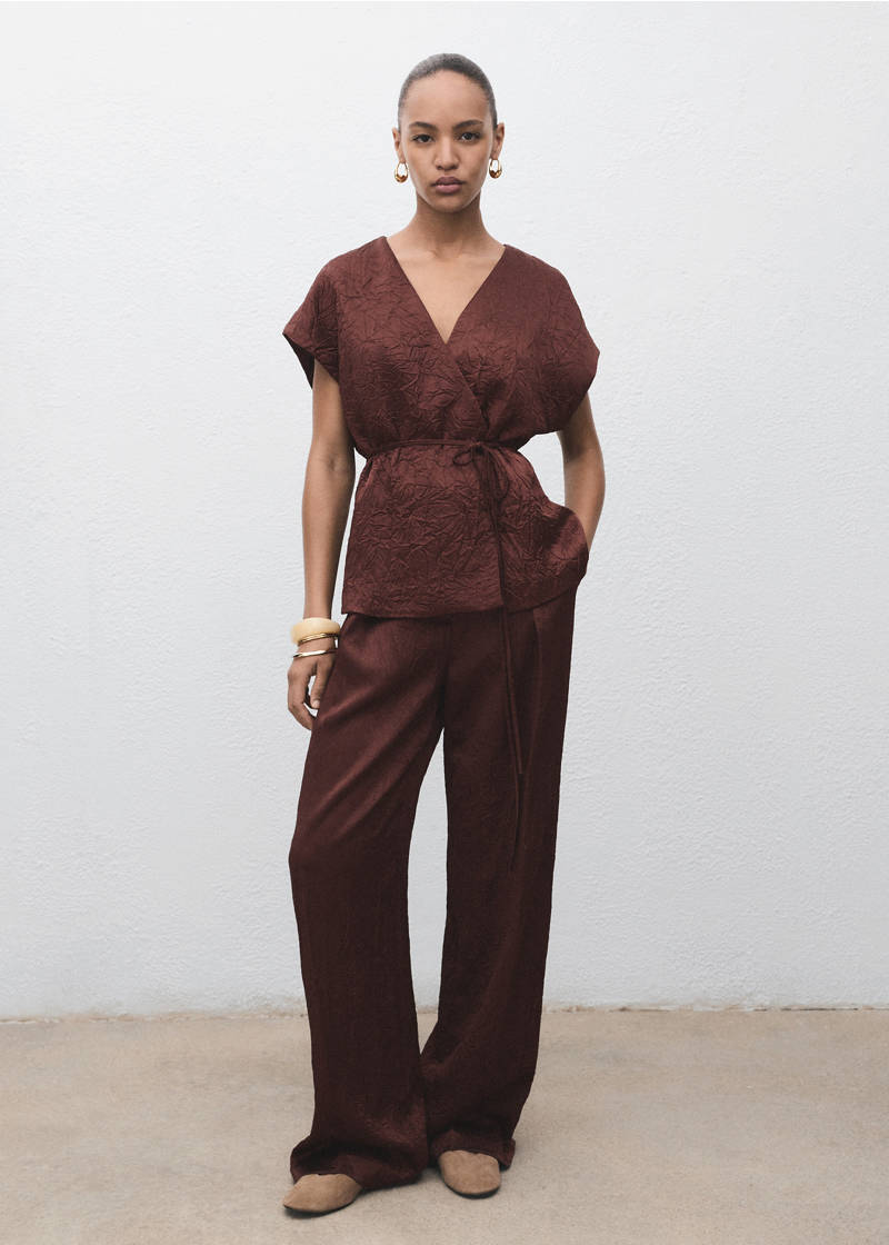 Straight-leg crinkled-effect pants - Chocolate