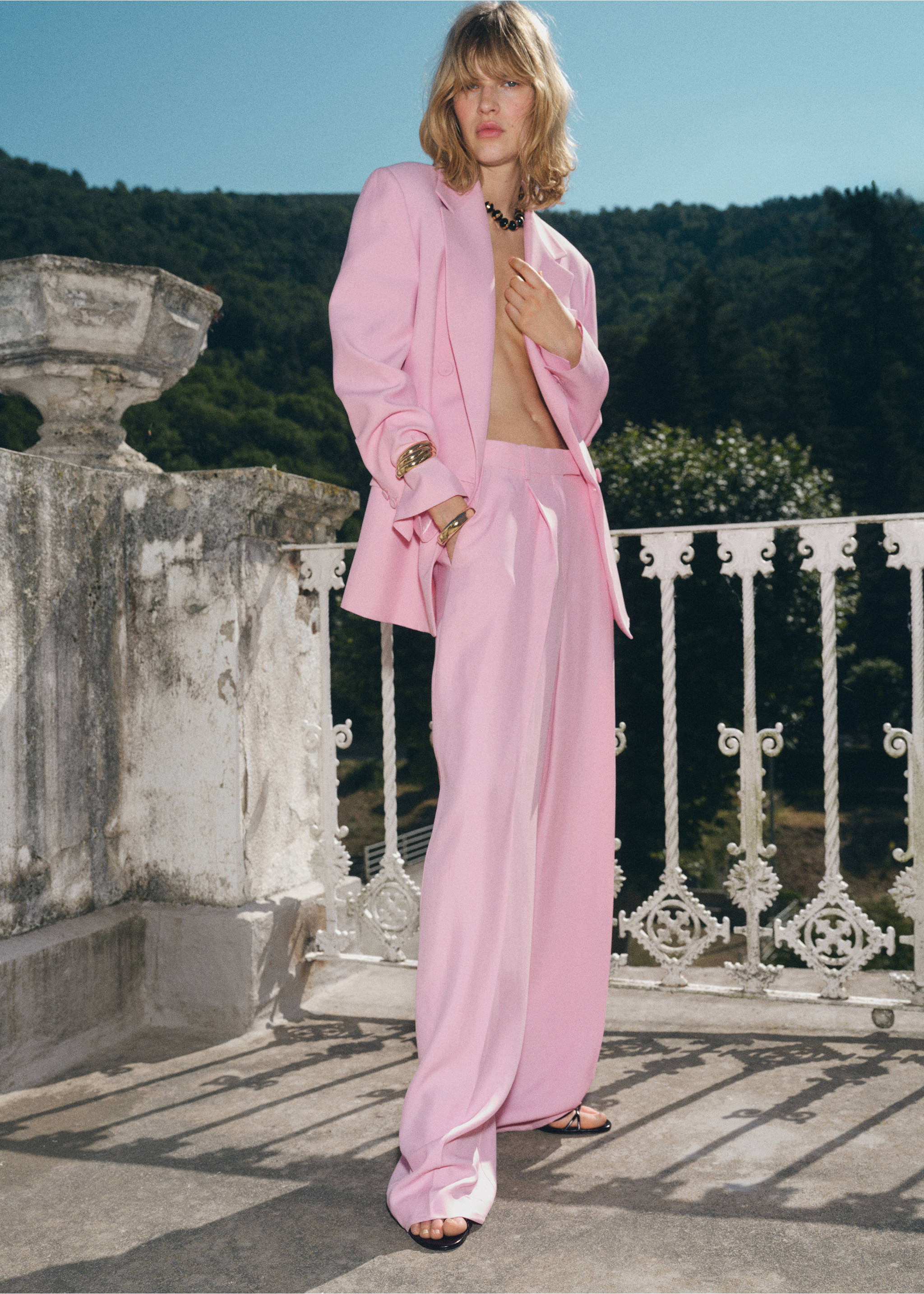 Wide leg suit trousers - Details of the article 2, Pink. Ref: 17014150-00.