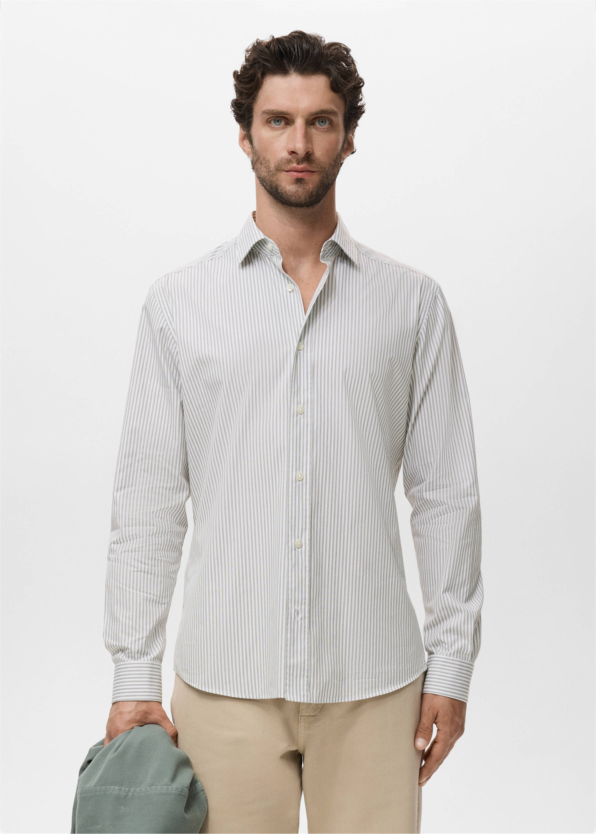 Chemise coton rayures regular-fit - Plan moyen, Kaki. Ref: 17014438-00.