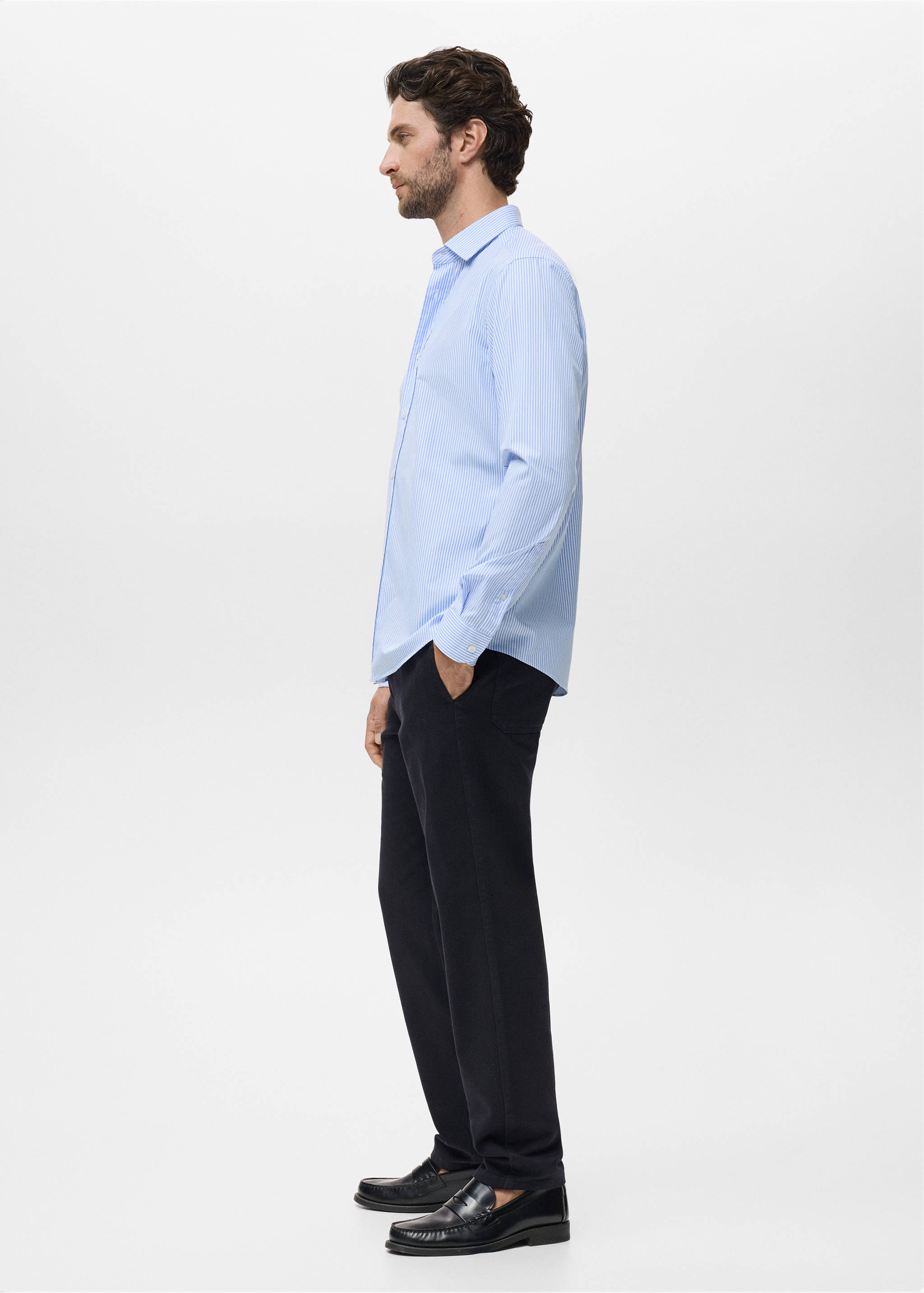 Regular fit striped cotton shirt - Details of the article 2, Sky Blue. Ref: 17014438-00.