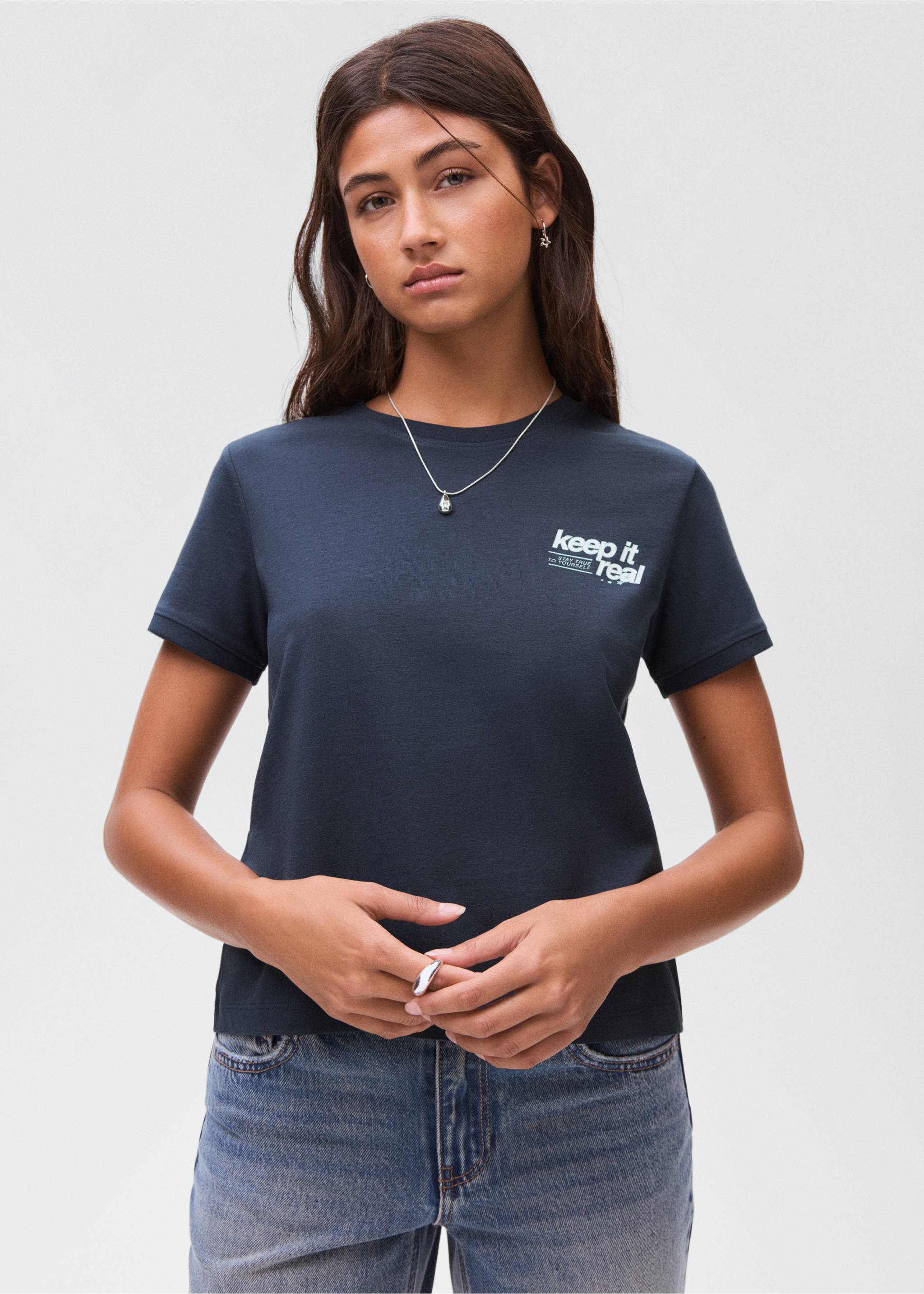 Printed cotton-blend t-shirt - Medium plane, Navy. Ref: 17014780-00.