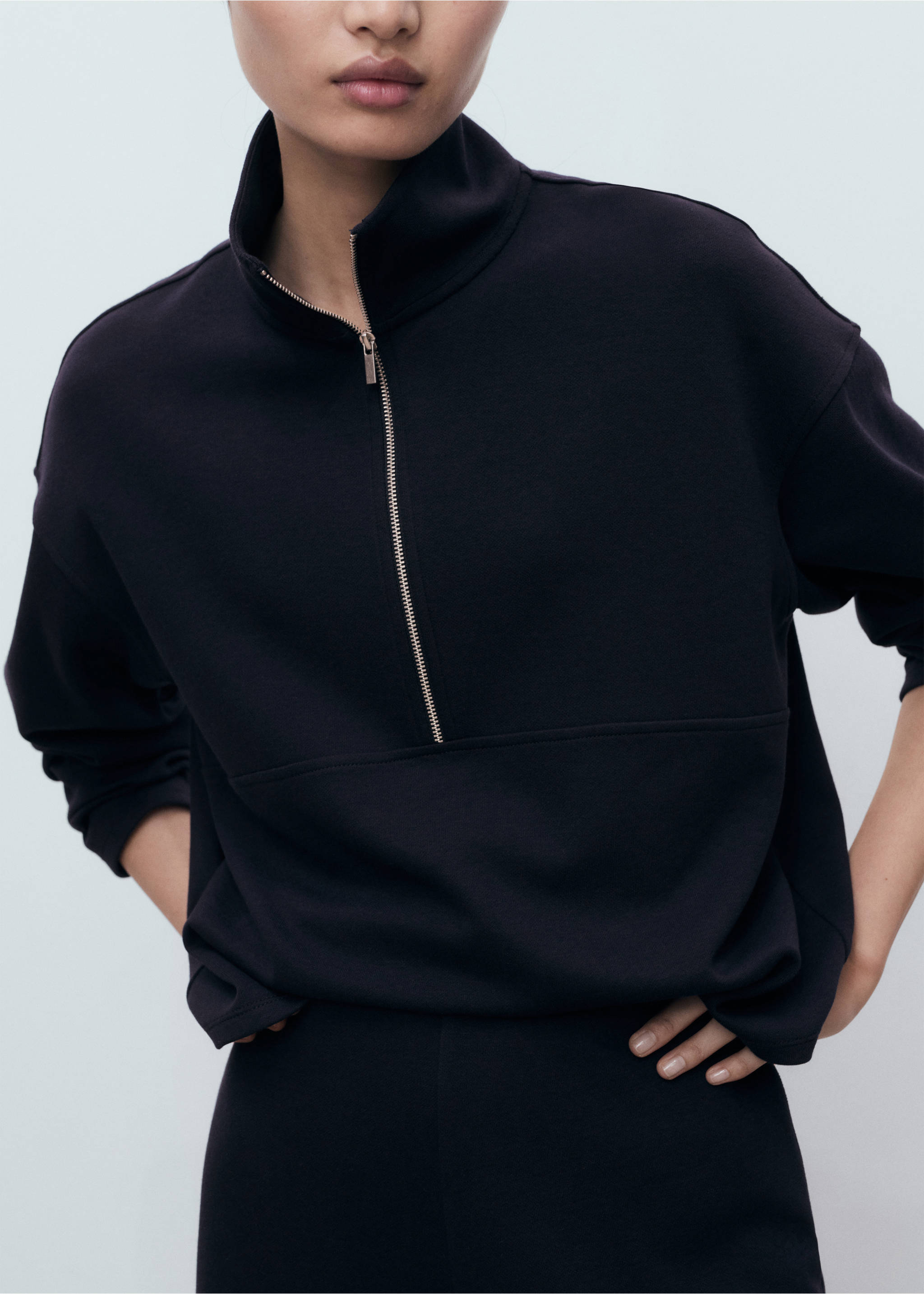 Black high-neck sweatshirt with a half-zip and drop shoulders., Navy. Ref: 17015171-00.