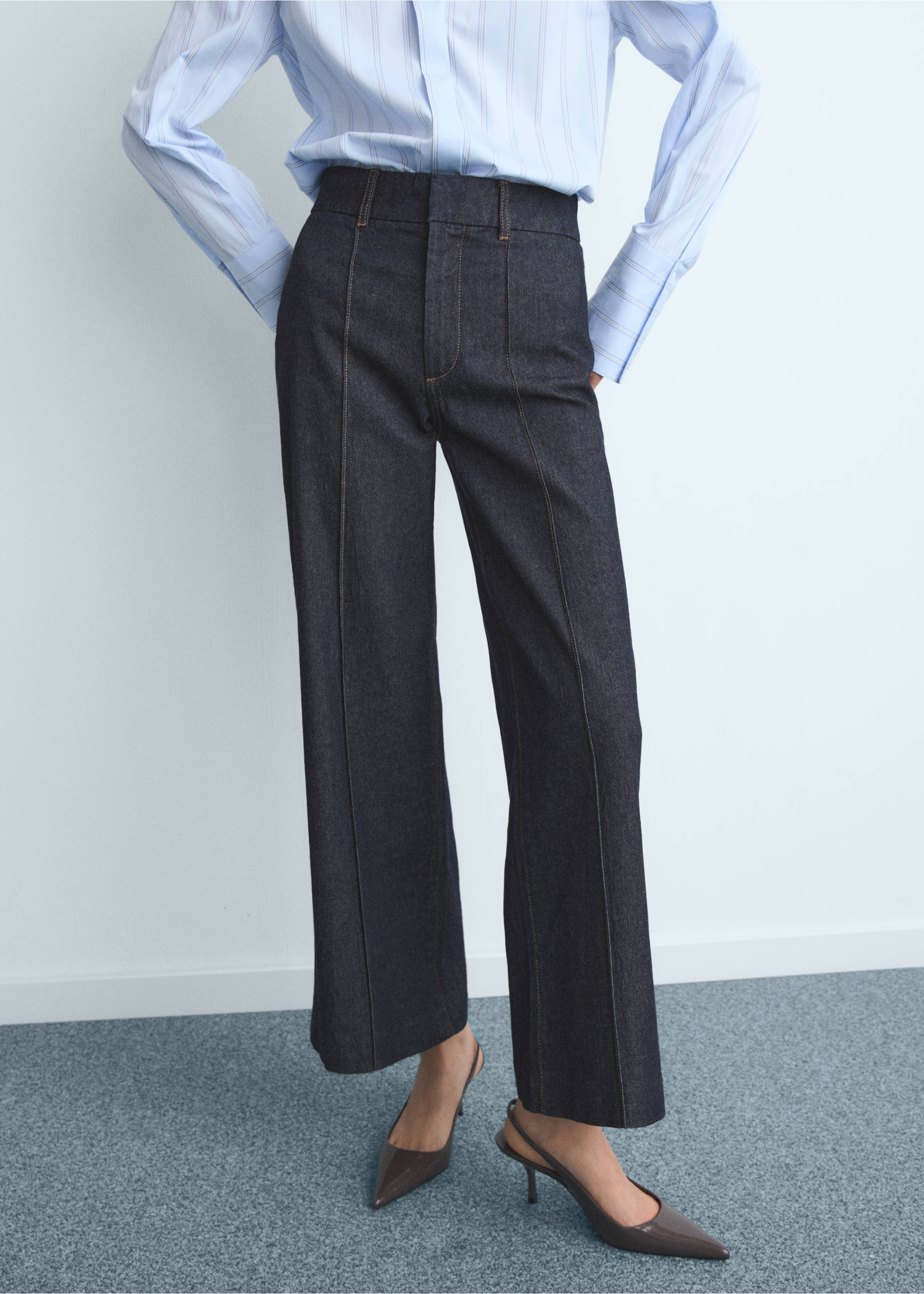 High-waisted culotte jeans with stitching - Medium plane, Open Blue. Ref: 17015803-00.