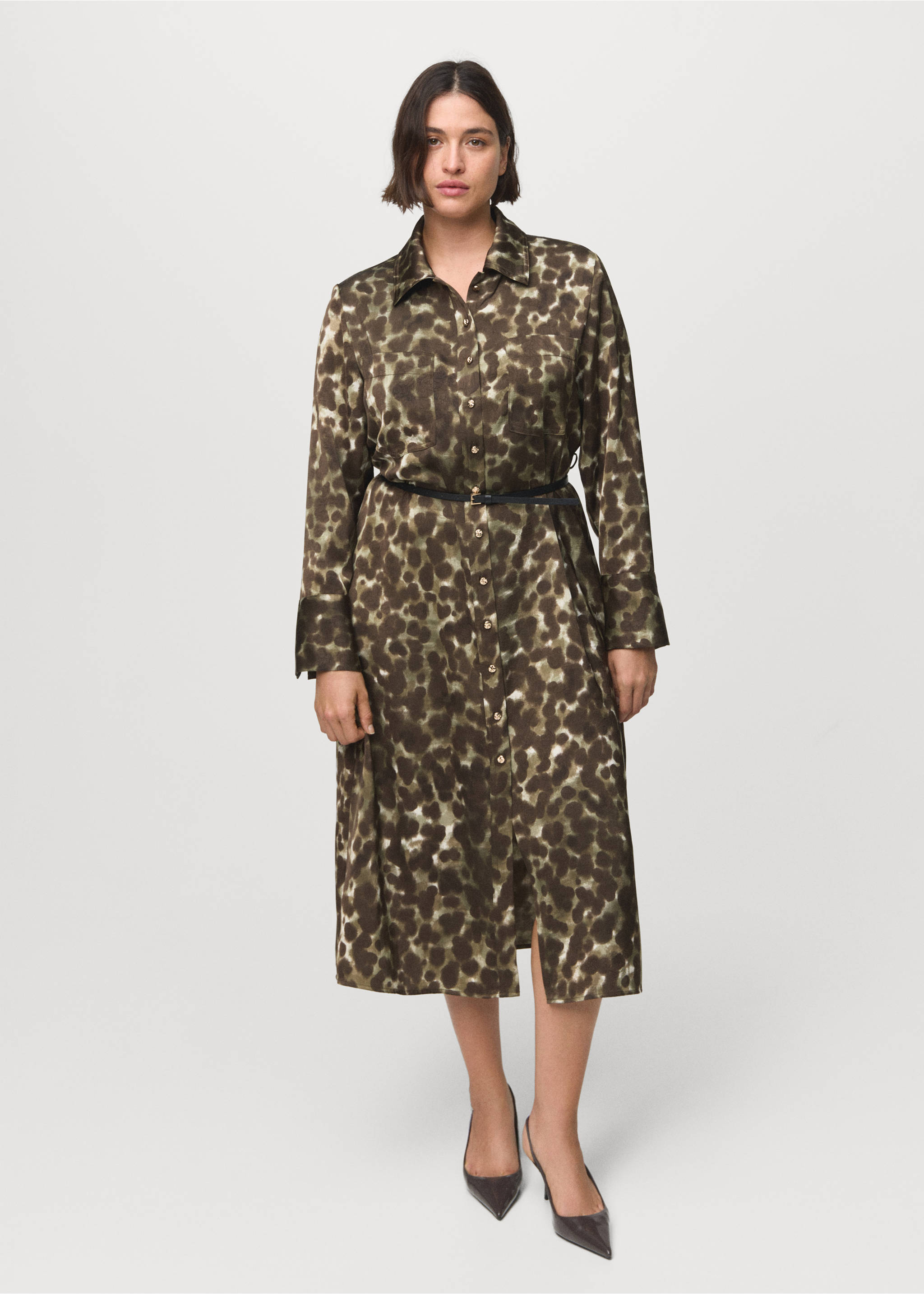 Printed shirt dress with belt - Details of the article 3, Khaki. Ref: 17015824-00.
