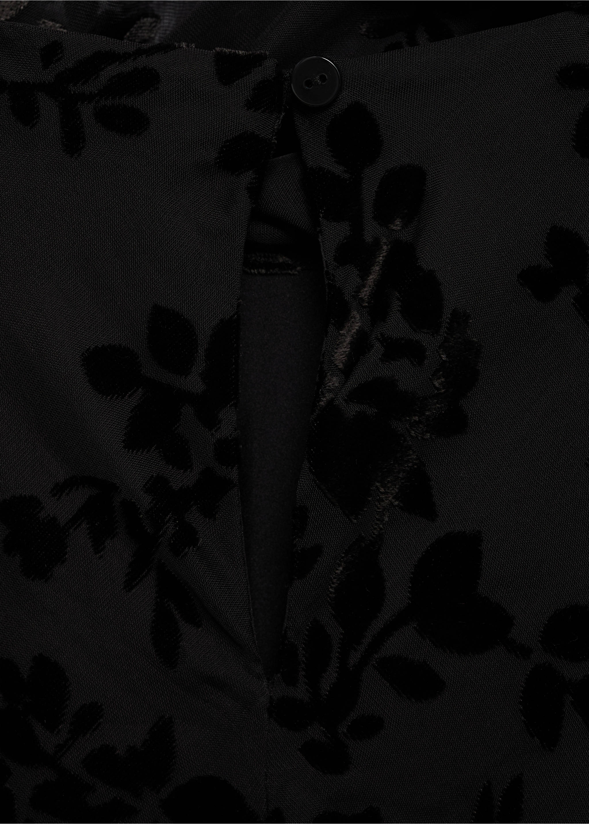 Black dress back neck detail with a keyhole button closure and floral burnout pattern., Black. Ref: 17015826-00.