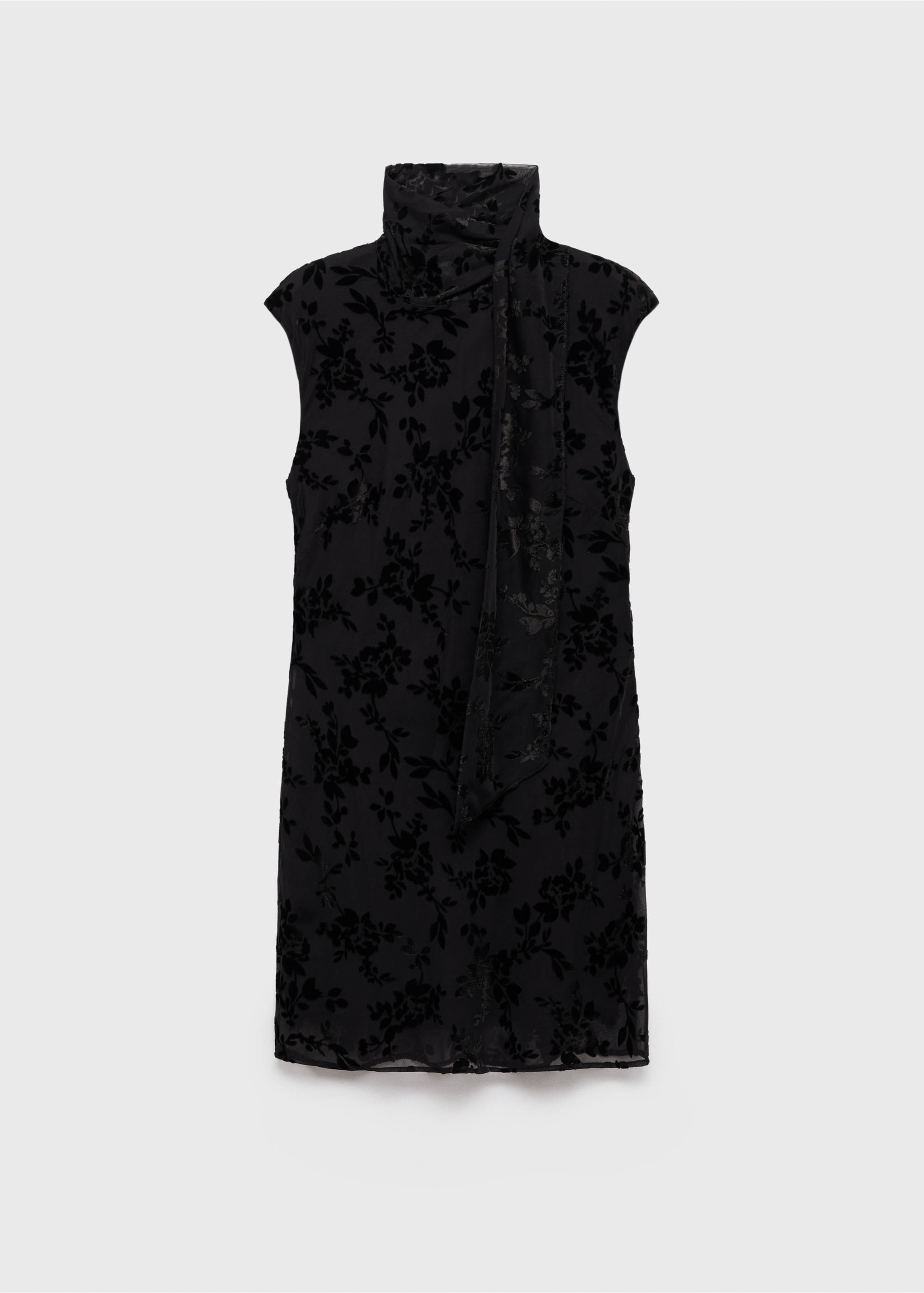 Black sleeveless dress with a high neck scarf detail and floral velvet pattern., Black. Ref: 17015826-00.