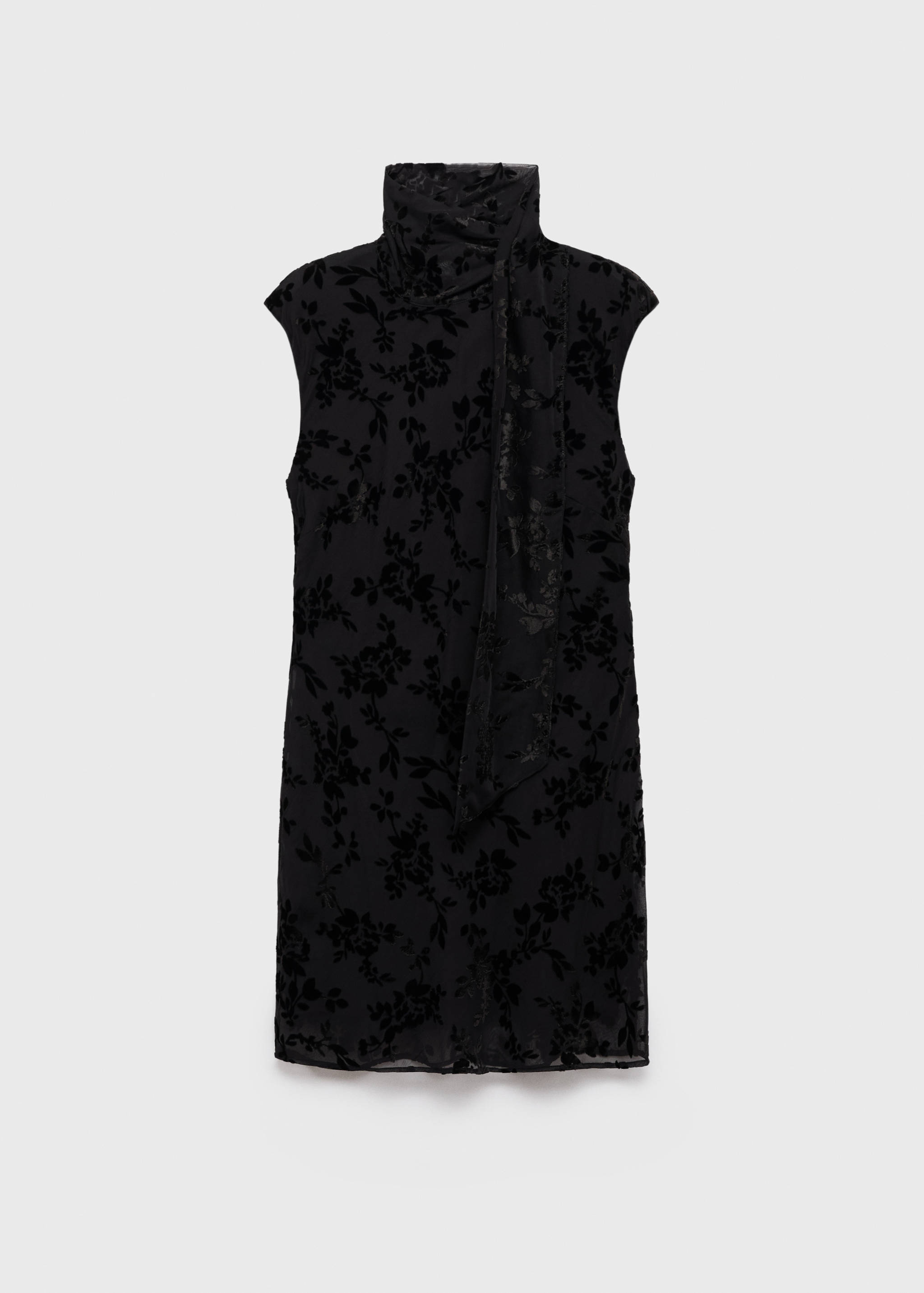 Black sleeveless dress with a high neck scarf detail and floral velvet pattern.