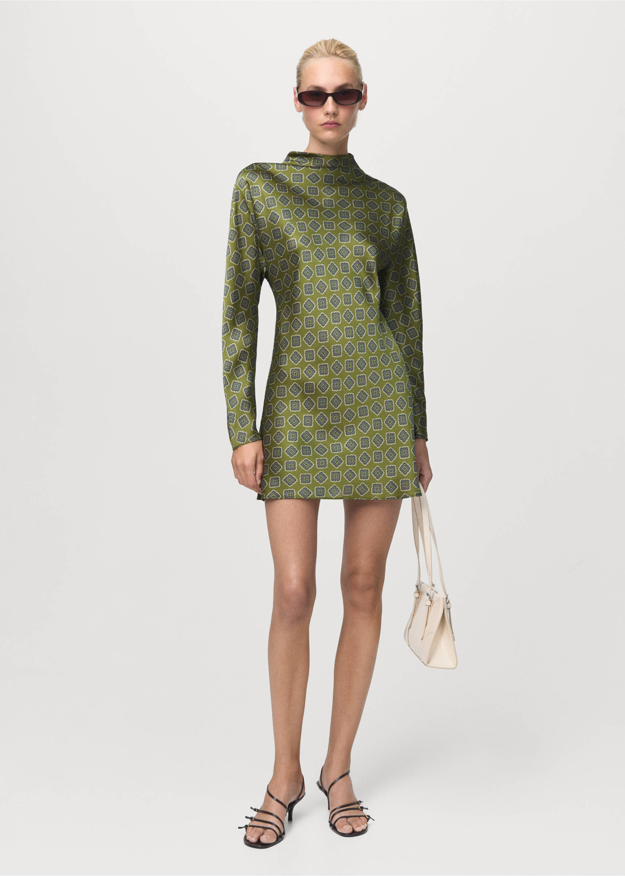 Olive green geometric print mini dress with long sleeves and high neck., Green. Ref: 17015832-00.