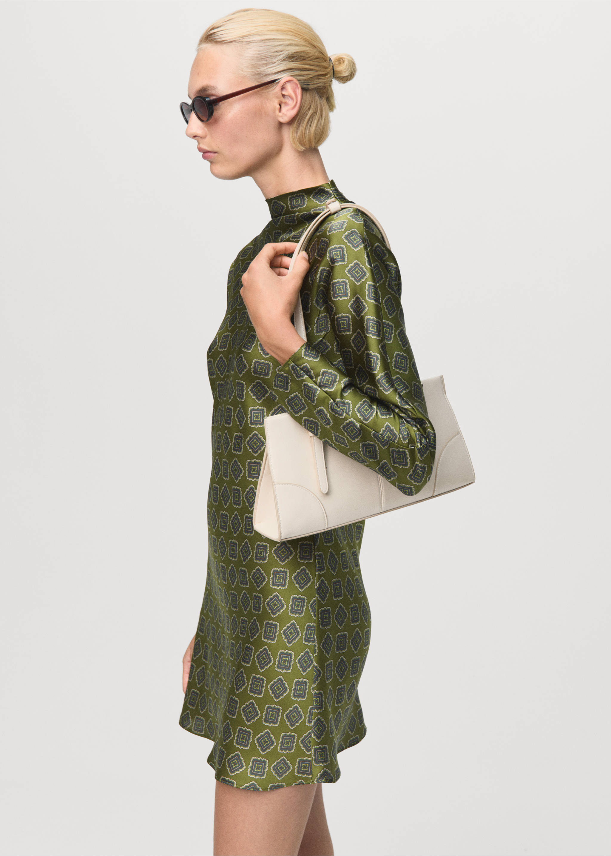 Green long-sleeved patterned dress with a high neckline., Green. Ref: 17015832-00.