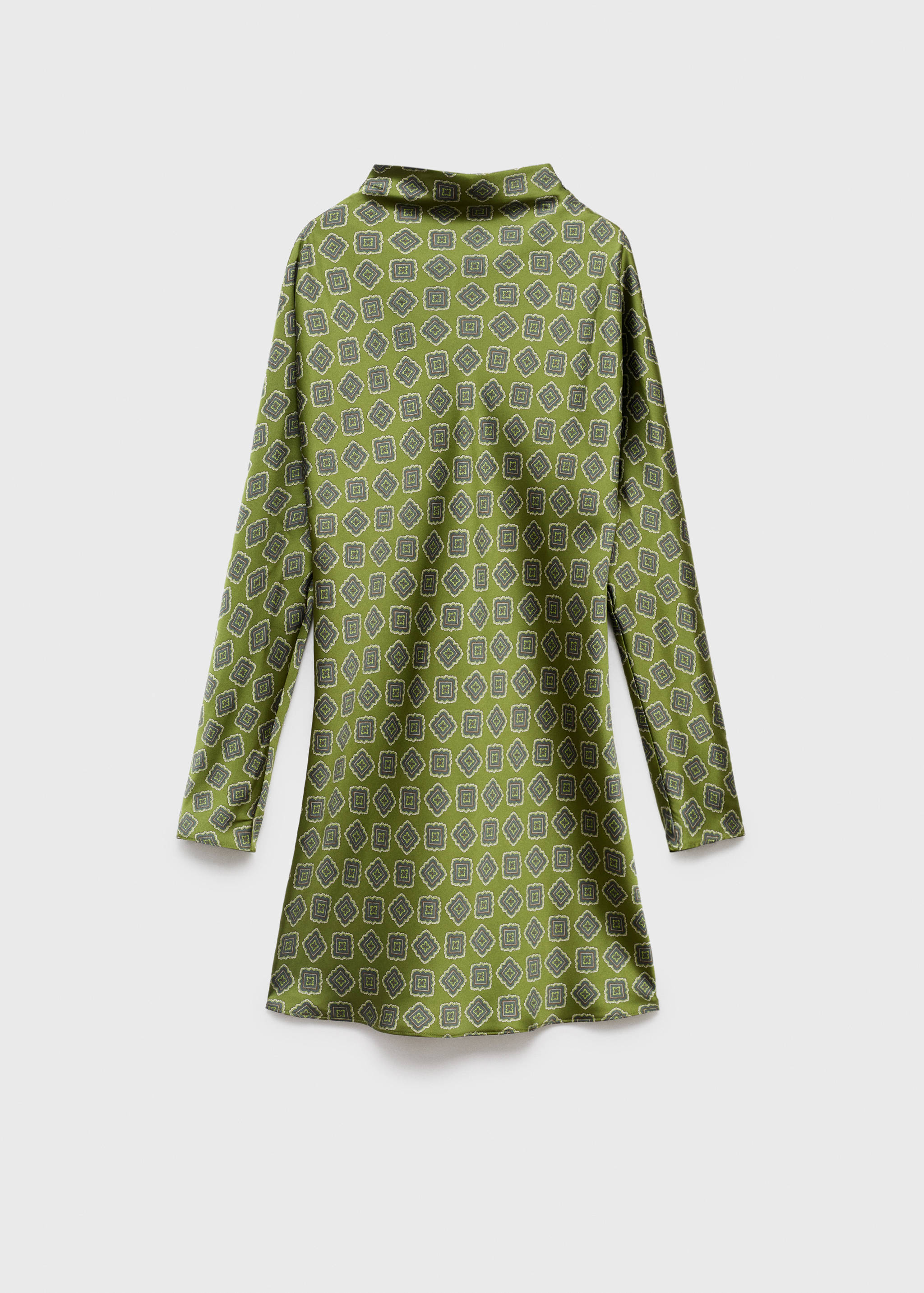 Green geometric print long-sleeved dress, back view.