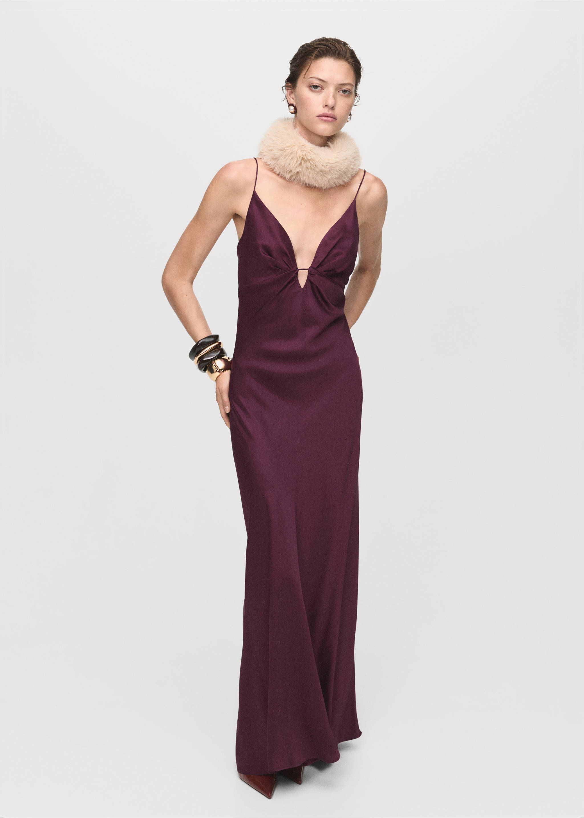 Plum purple satin slip dress with a deep V-neck and front knot detail., Wine. Ref: 17015833-00.