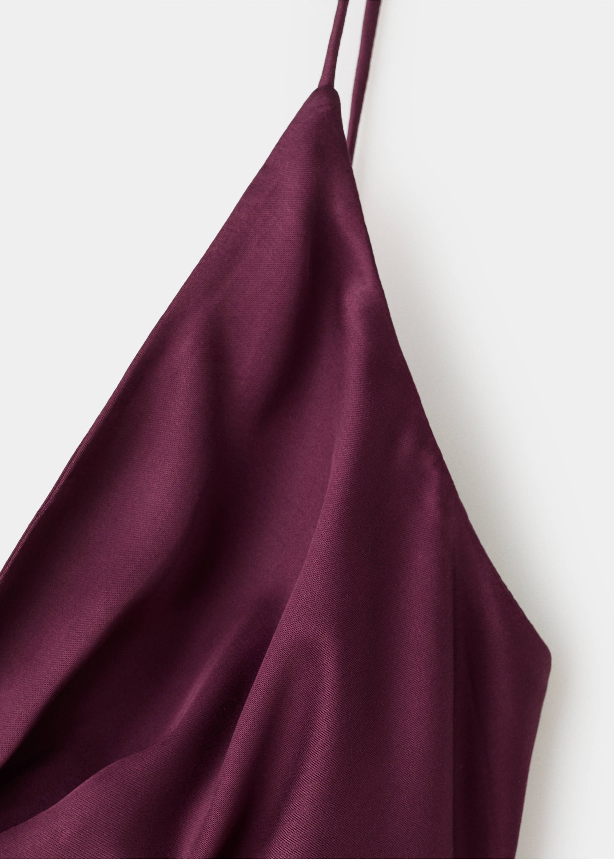 Close-up of a plum dress fabric showing the cowl neckline and straps., Wine. Ref: 17015833-00.