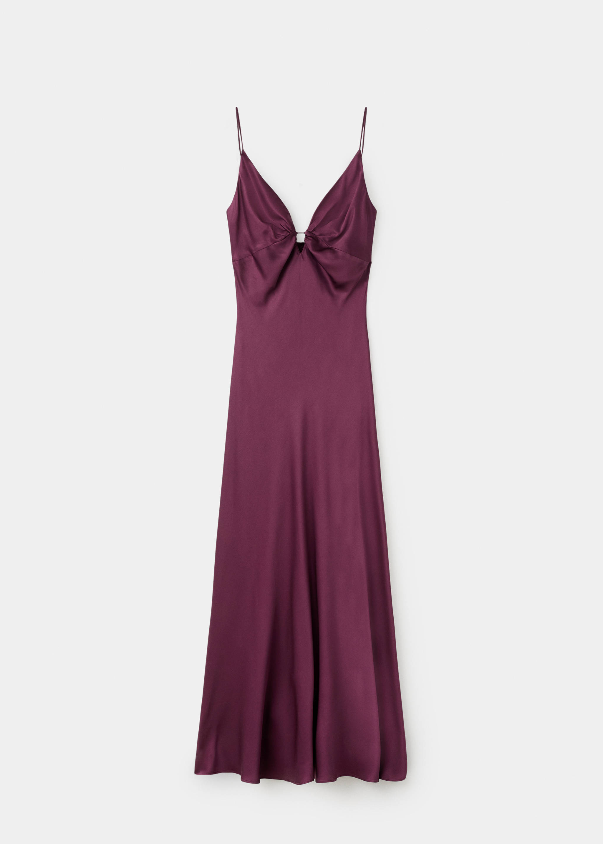 Plum slip dress with thin straps, a V-neckline, and a ring-accented knot at the bust.