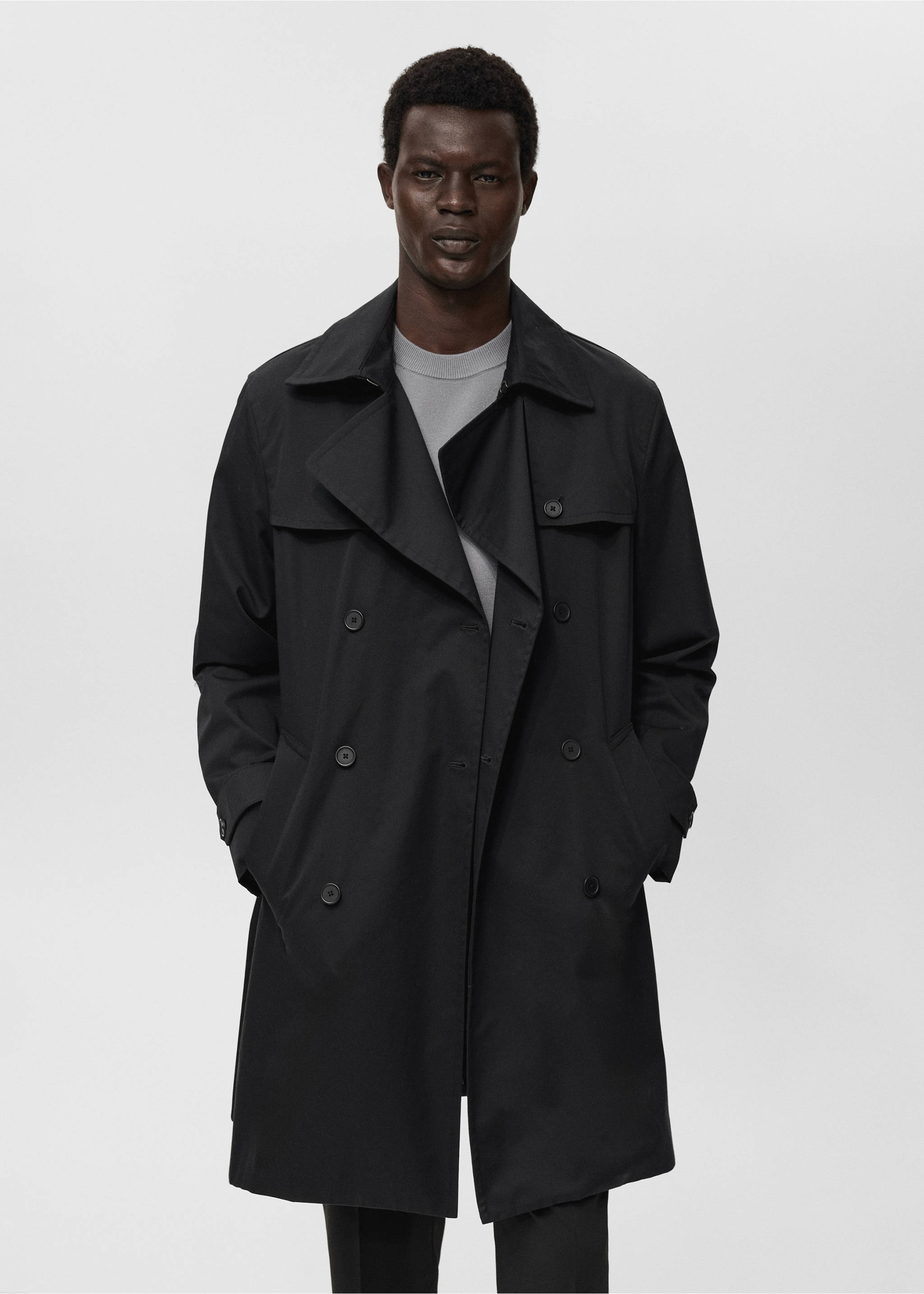 Water-repellent belted trench coat - Medium plane, Black. Ref: 17015970-00.