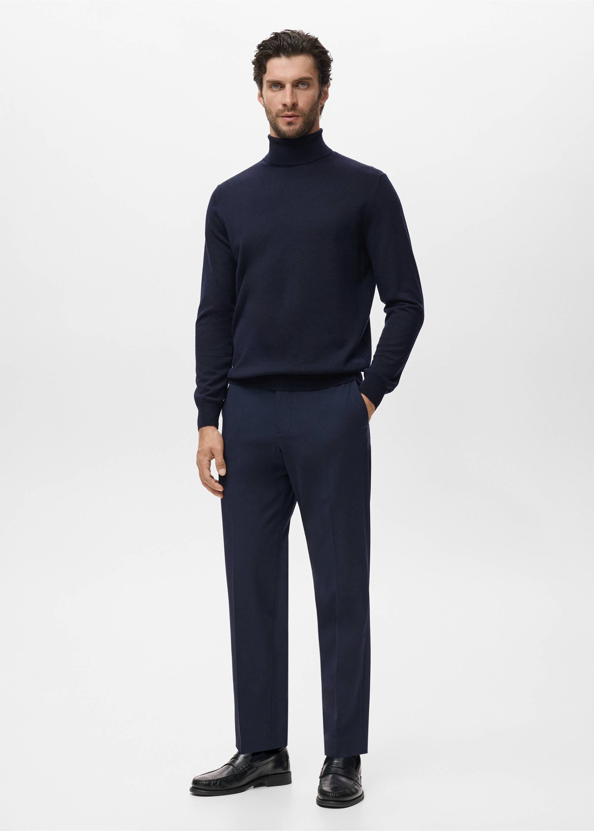 Navy blue turtleneck sweater in a classic knit, styled with matching trousers., Navy. Ref: 17015972-00.