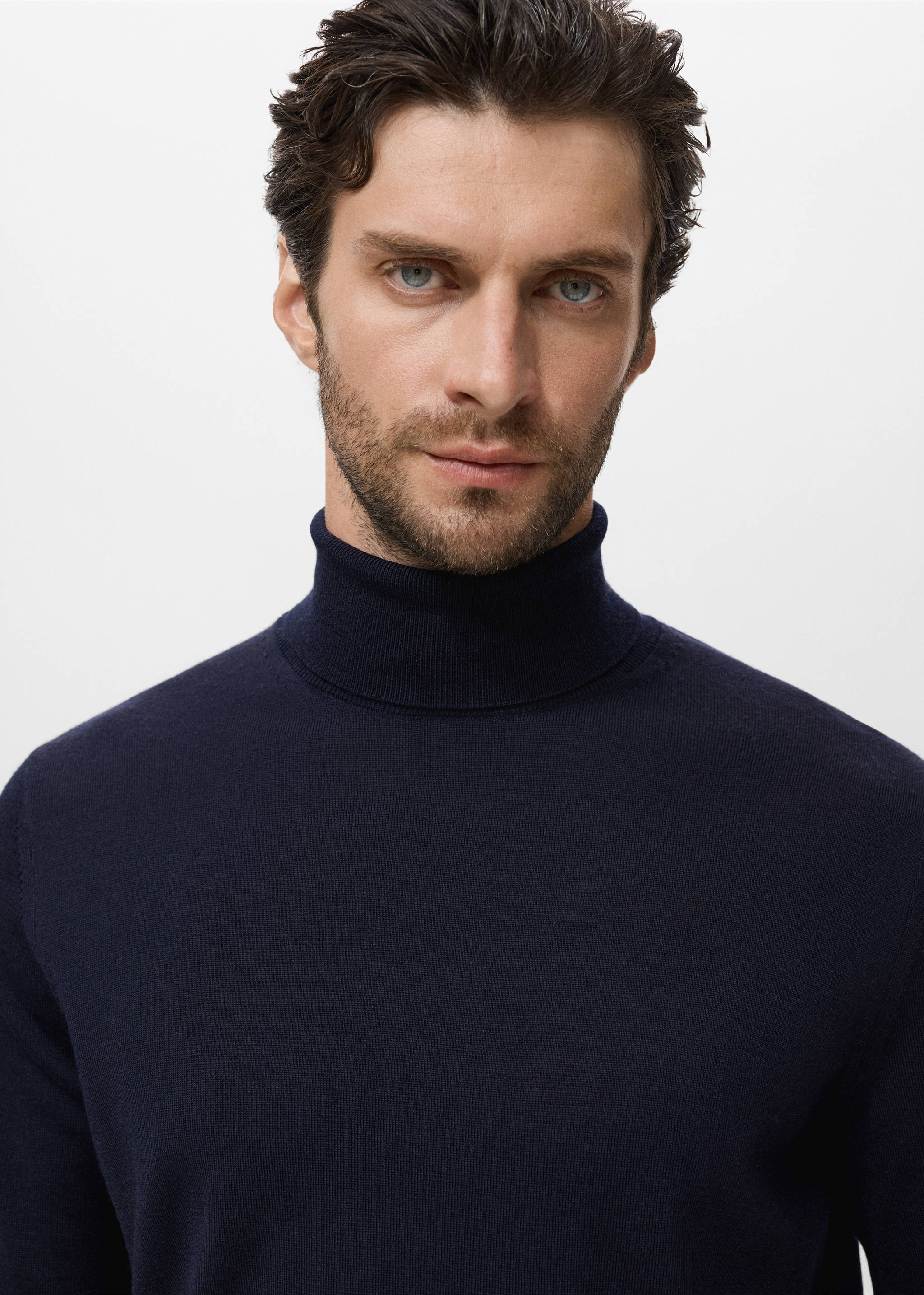 Navy blue knitted jersey with a ribbed roll neck., Navy. Ref: 17015972-00.