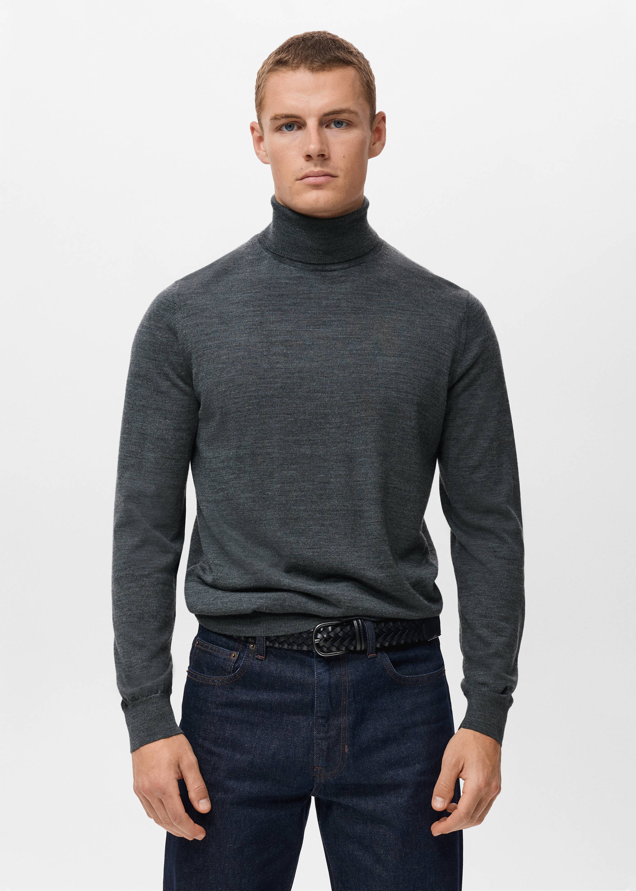 Dark grey melange turtleneck jersey in a fitted knit design.