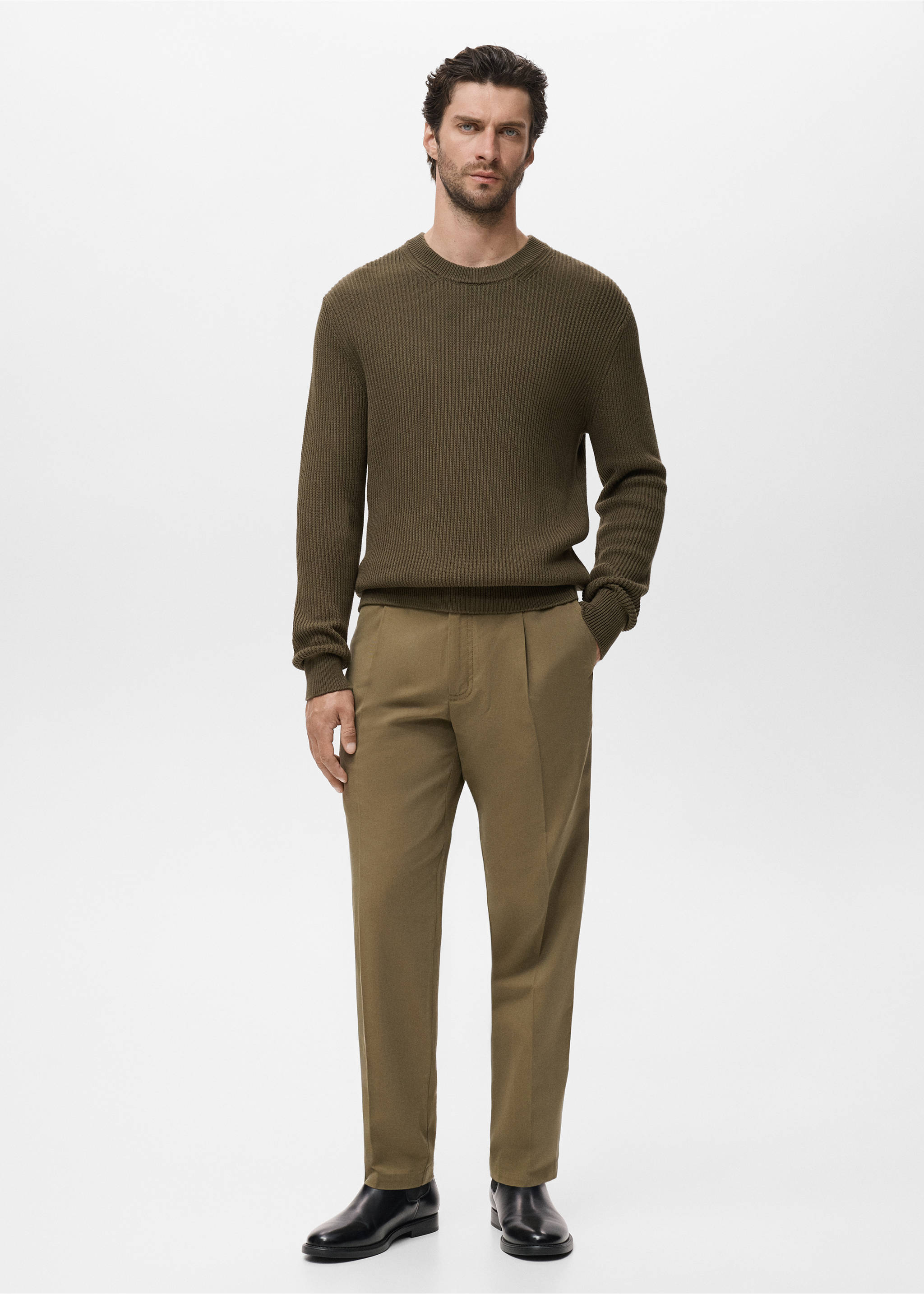 Fine rib-knit cotton sweater - General plane, Olive Green. Ref: 17015976-00.