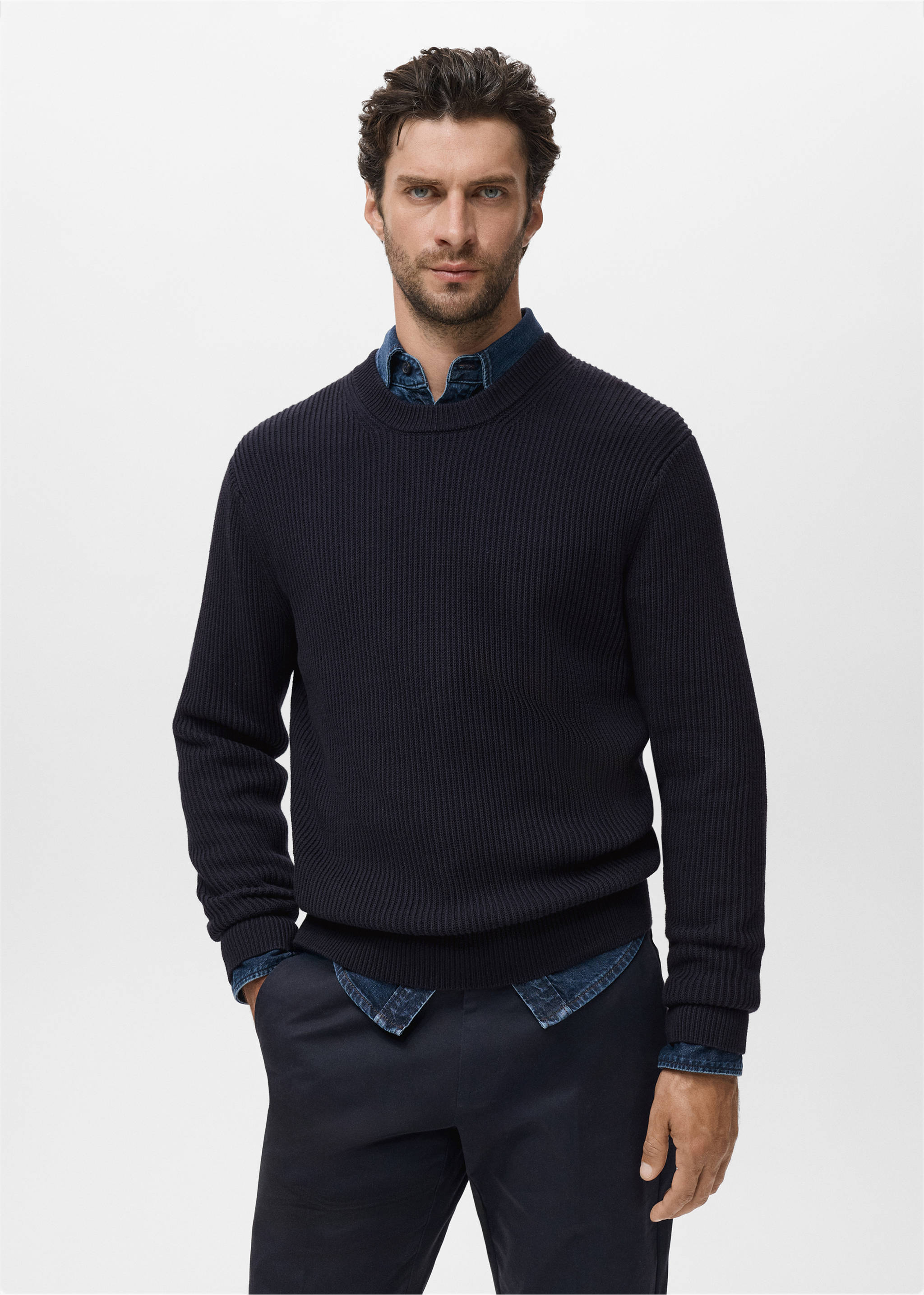 Fine rib-knit cotton sweater - Medium plane, Navy. Ref: 17015976-00.