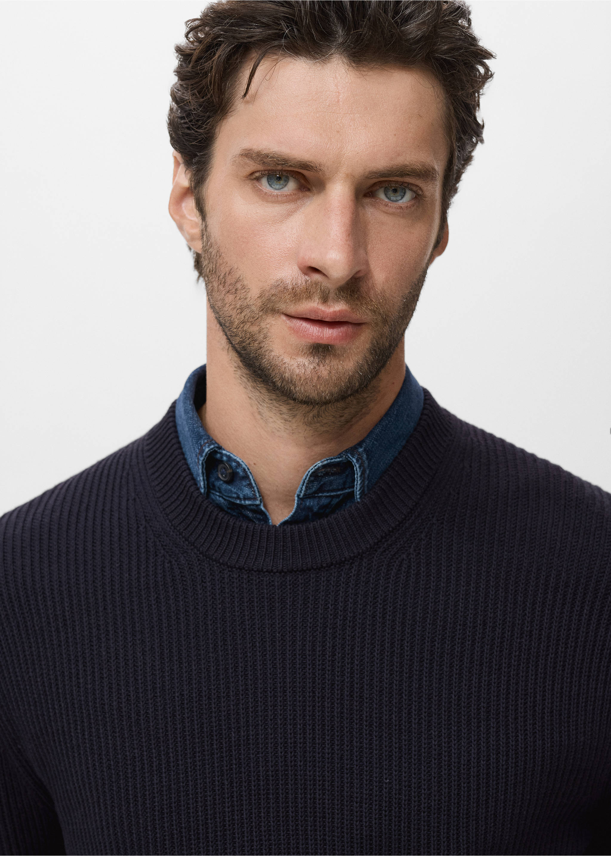 Fine rib-knit cotton sweater - Details of the article 1, Navy. Ref: 17015976-00.