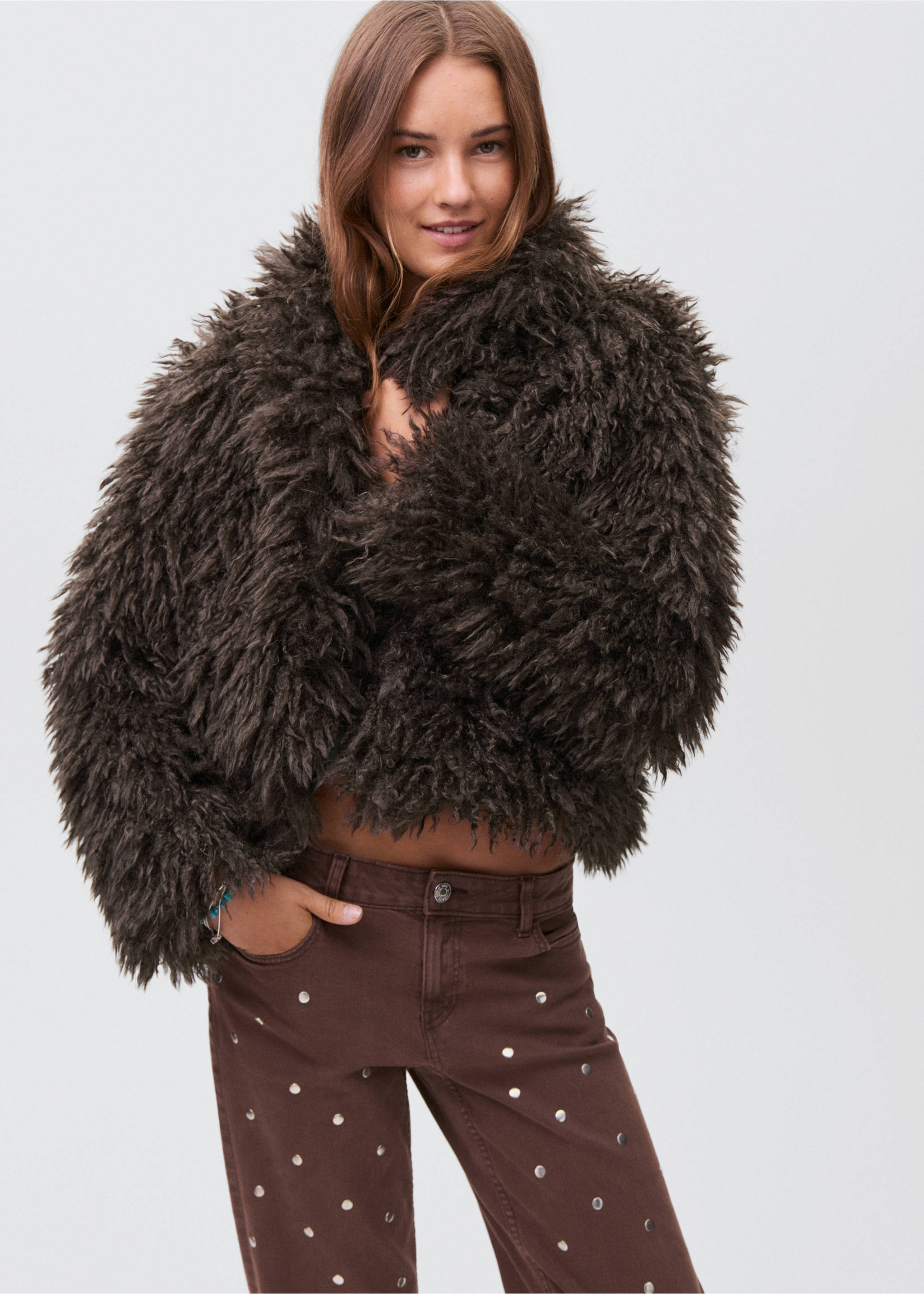 Short faux-fur coat - Medium plane, Brown. Ref: 17016337-00.